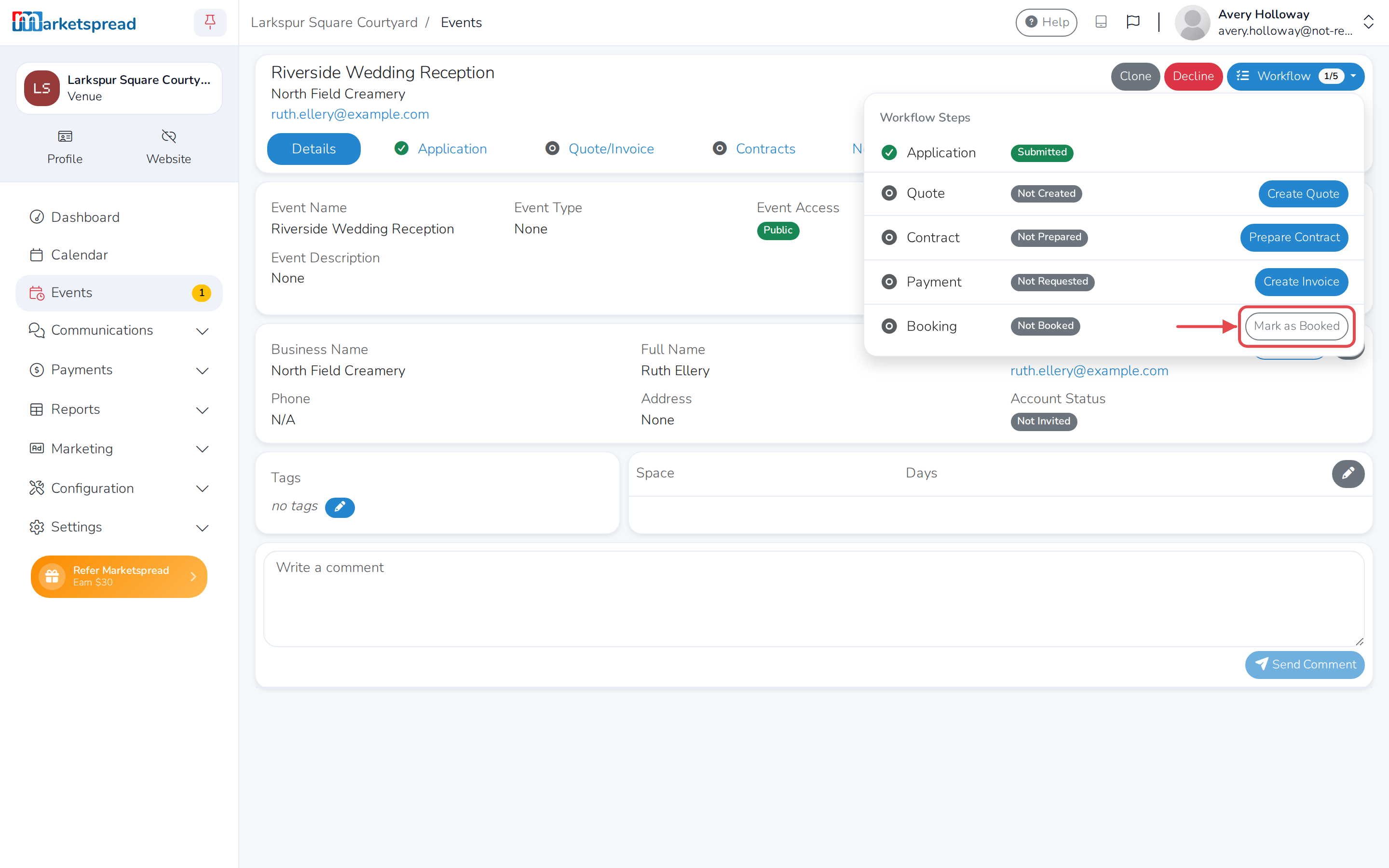 The Workflow menu, open to the Booking step and its Mark as Booked action