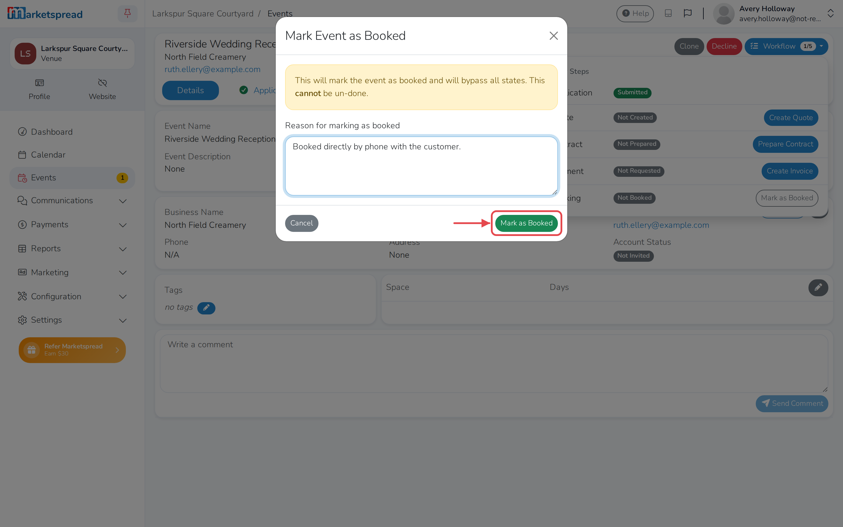 The Mark Event as Booked form, with a reason filled in