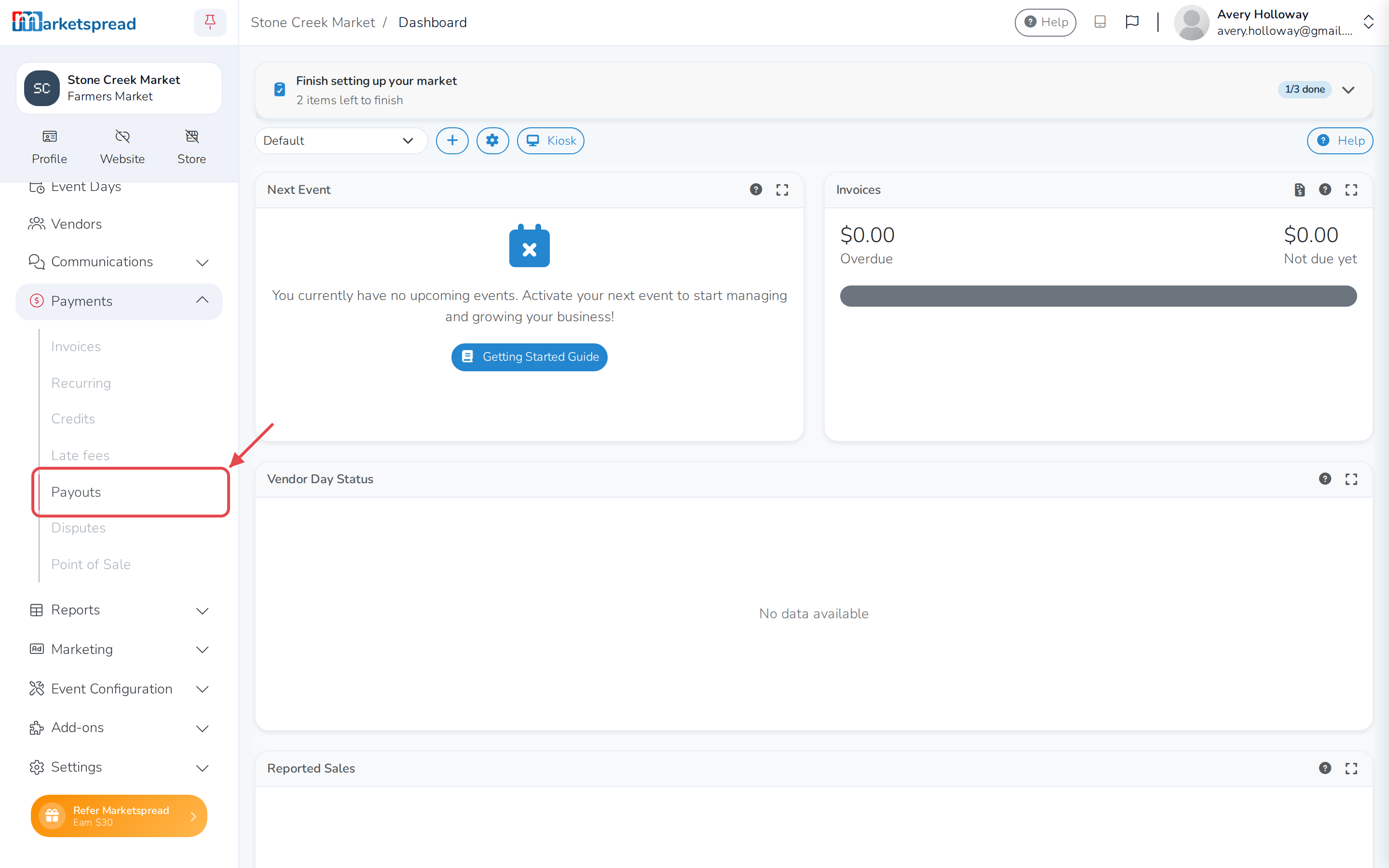 The Payments menu open, with Payouts