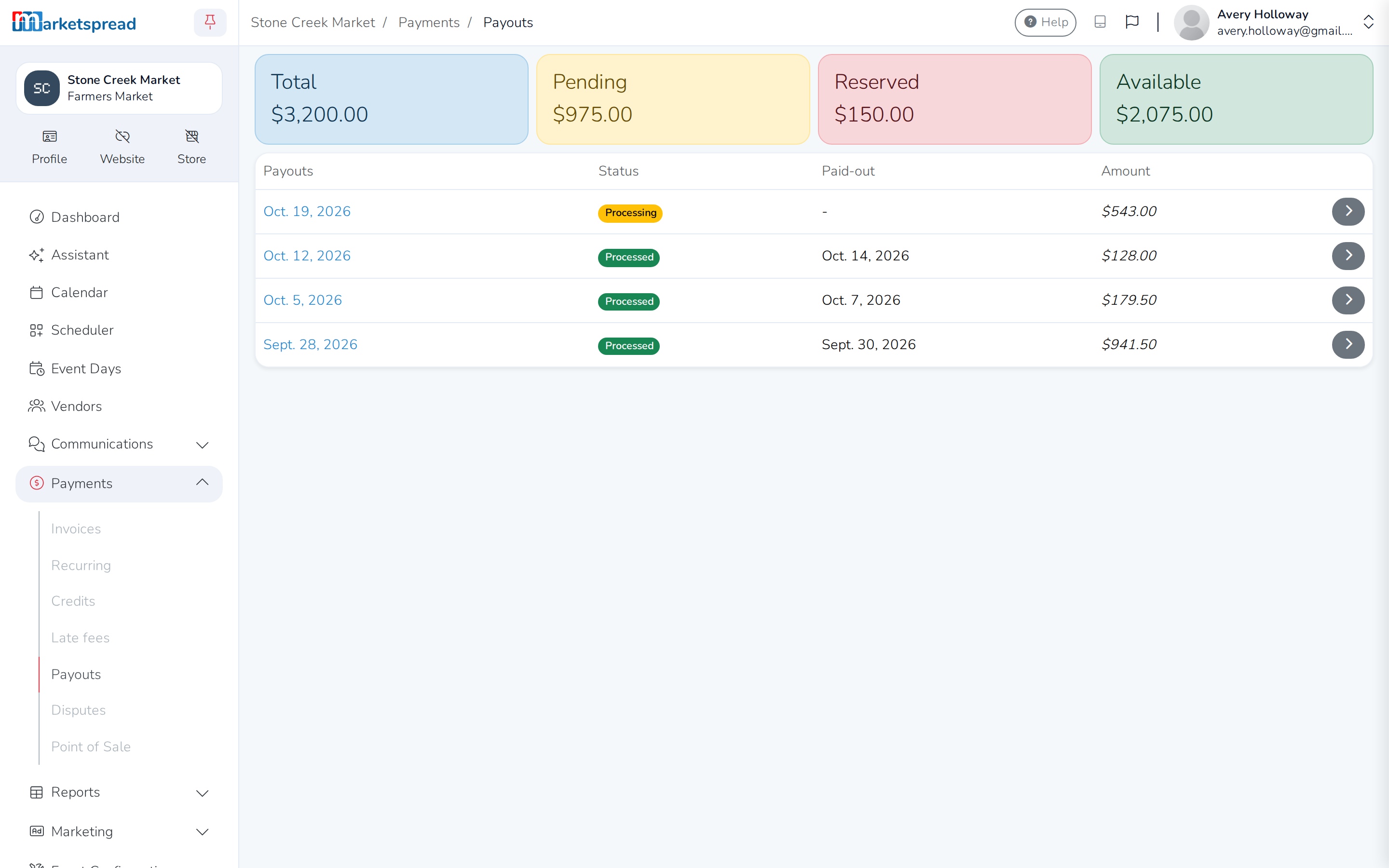 The Payouts page, with the Total, Pending, Reserved and Available figures