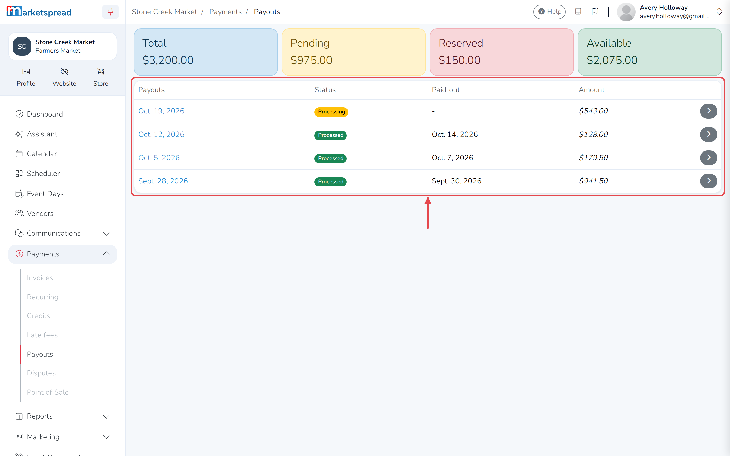 The payouts list, with a payout still Processing and the rest Processed