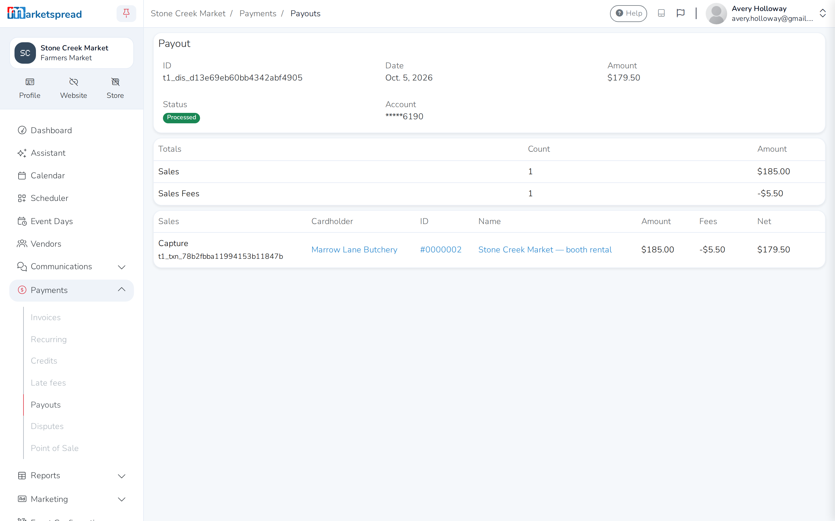 An opened payout, with its Totals breakdown