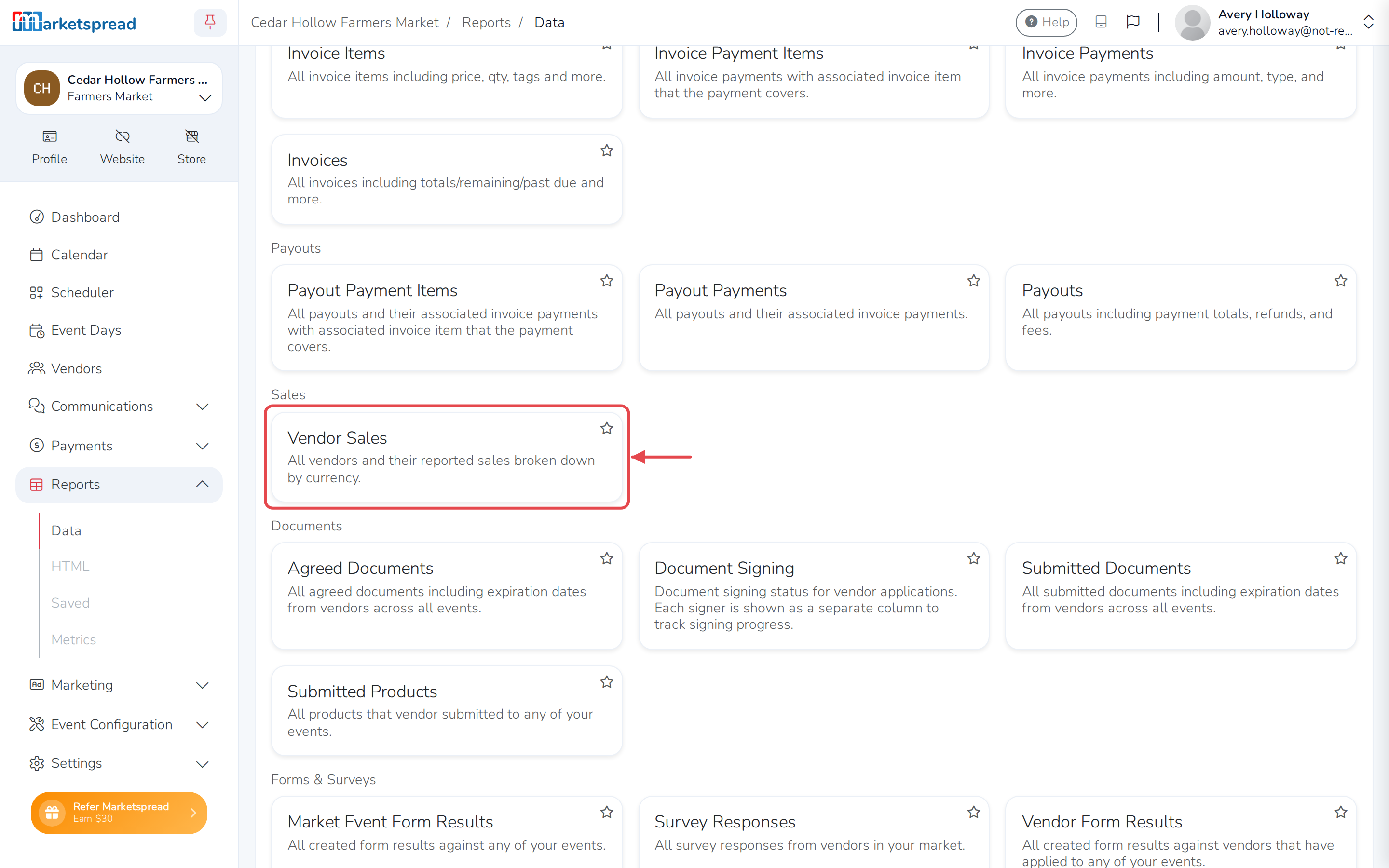 The Data reports list, with Vendor Sales listed under Sales