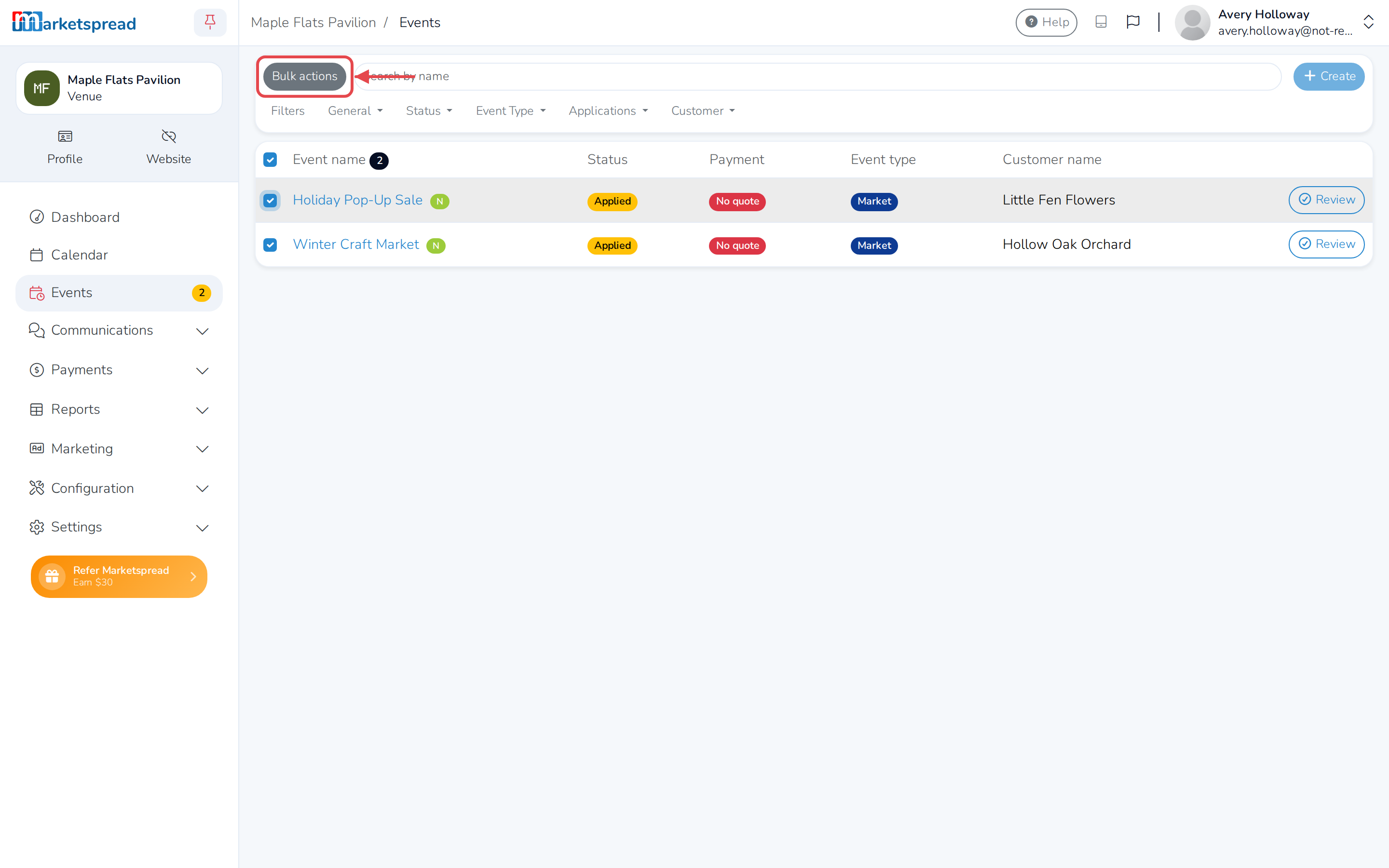 The Events list, with two events checked and Bulk actions ready to click
