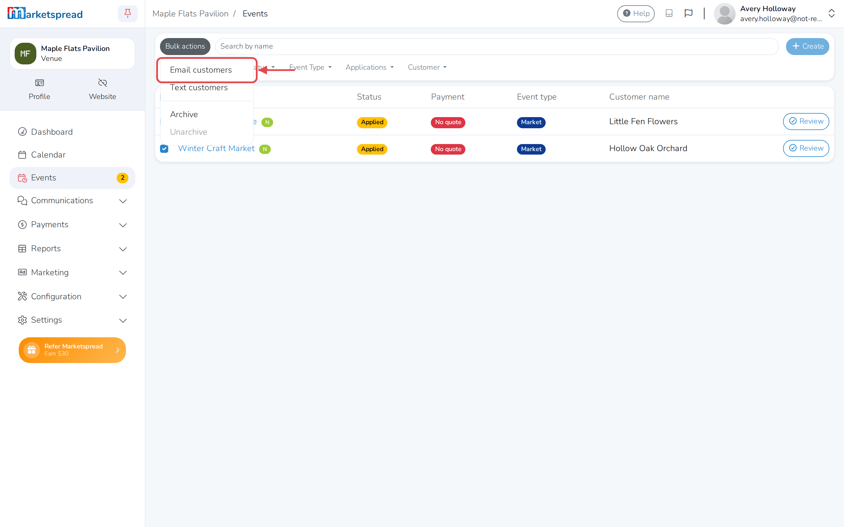 The Bulk actions menu open, showing Email customers and Text customers