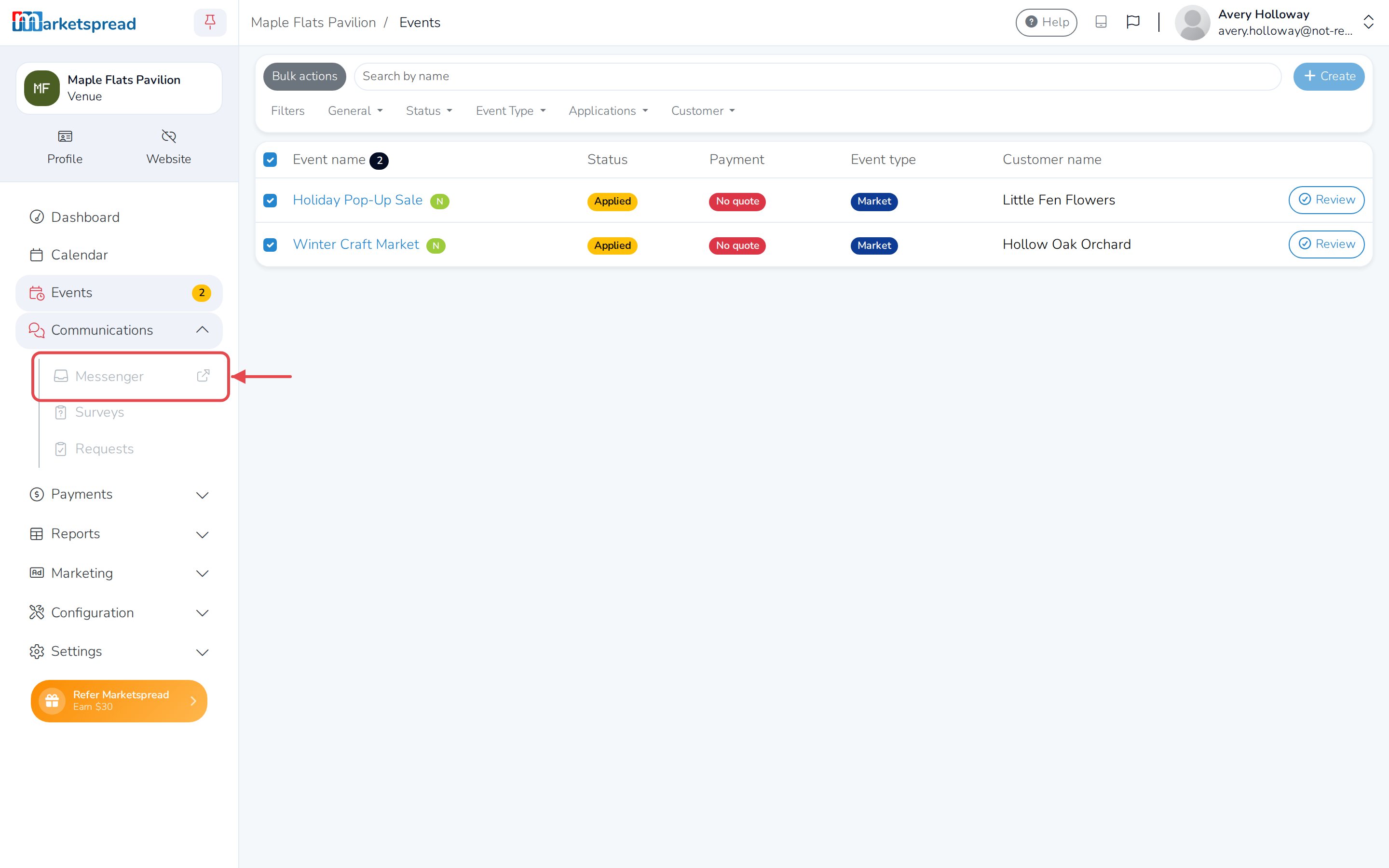 Communications expanded in the left-hand menu, with Messenger to open it directly