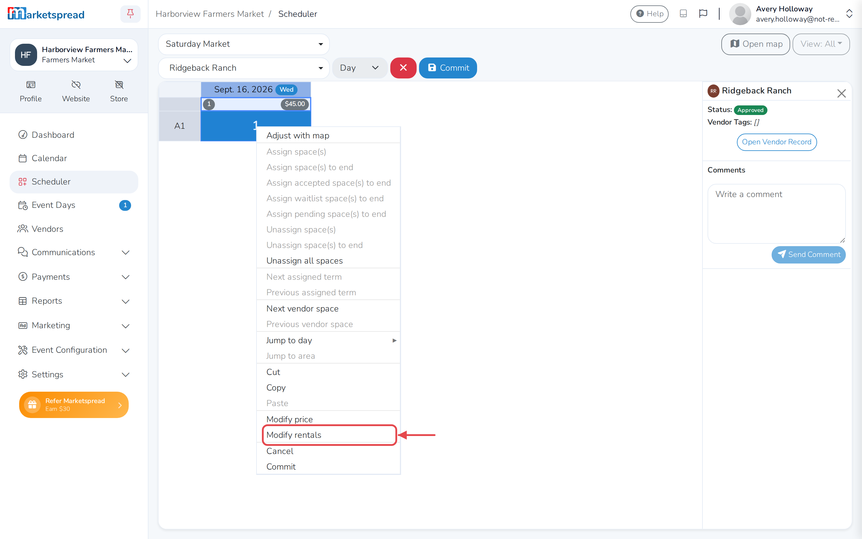 Right-clicking the vendor's day cell, with Modify rentals near the bottom of the menu