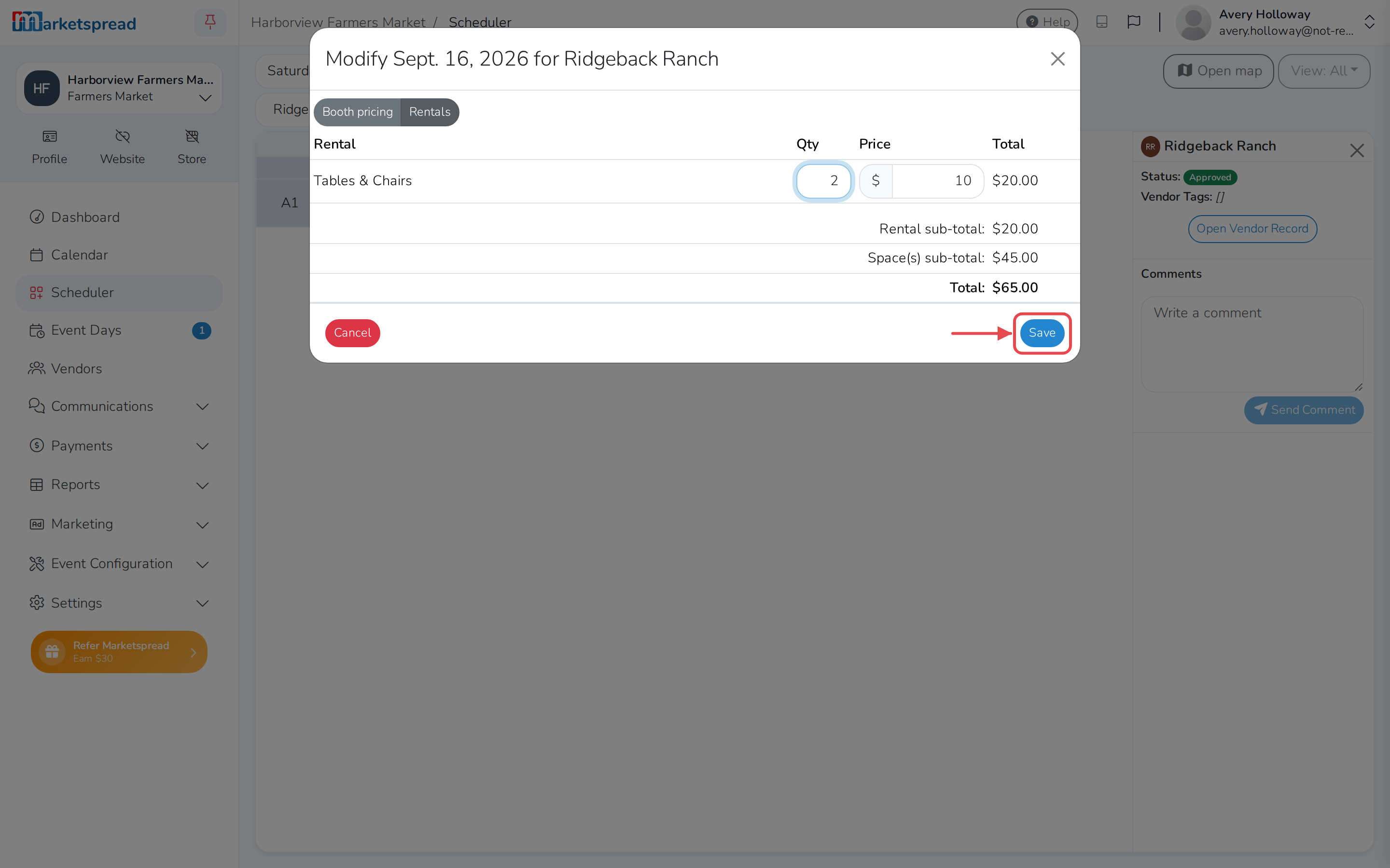 The rentals form, with the quantity for a rental filled in