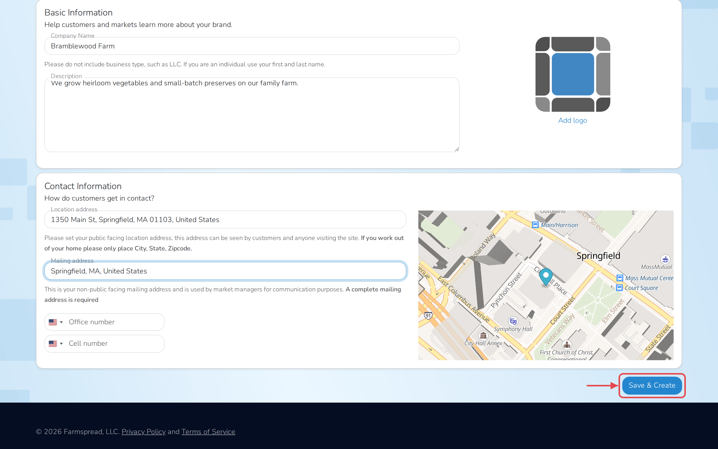 The Contact Information card, filled in with the location and mailing address