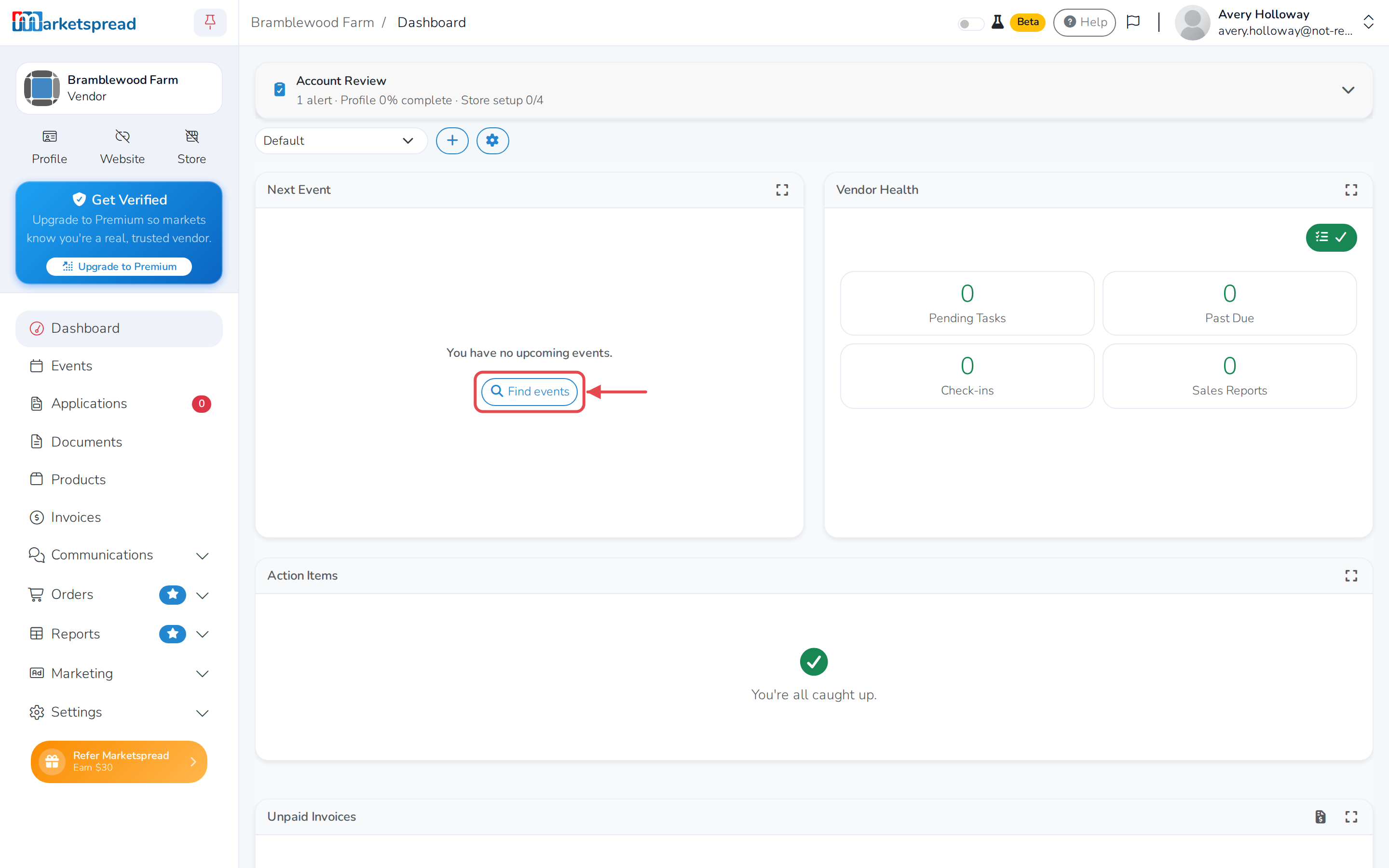 The new vendor dashboard, with Find events to apply to a market