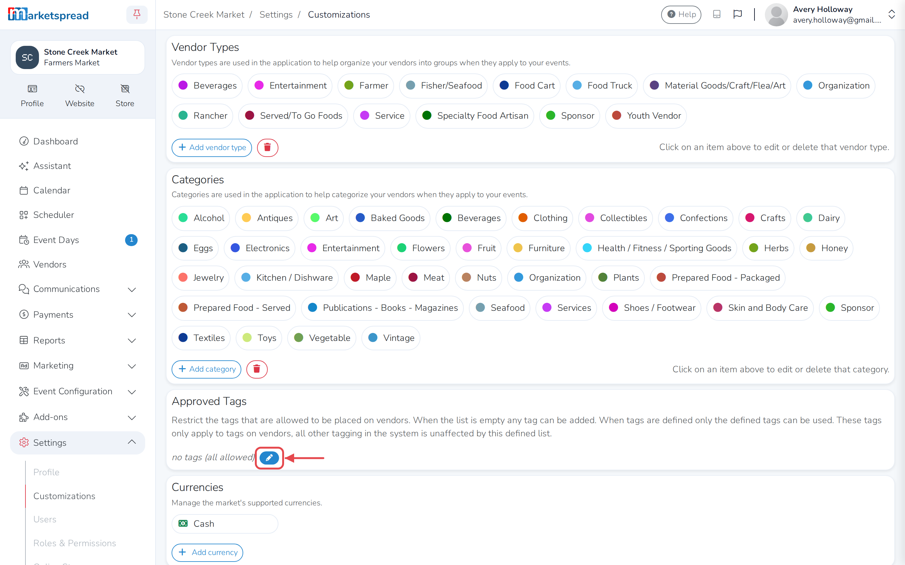 The Customizations page, with Approved Tags empty and its edit-tags pencil icon