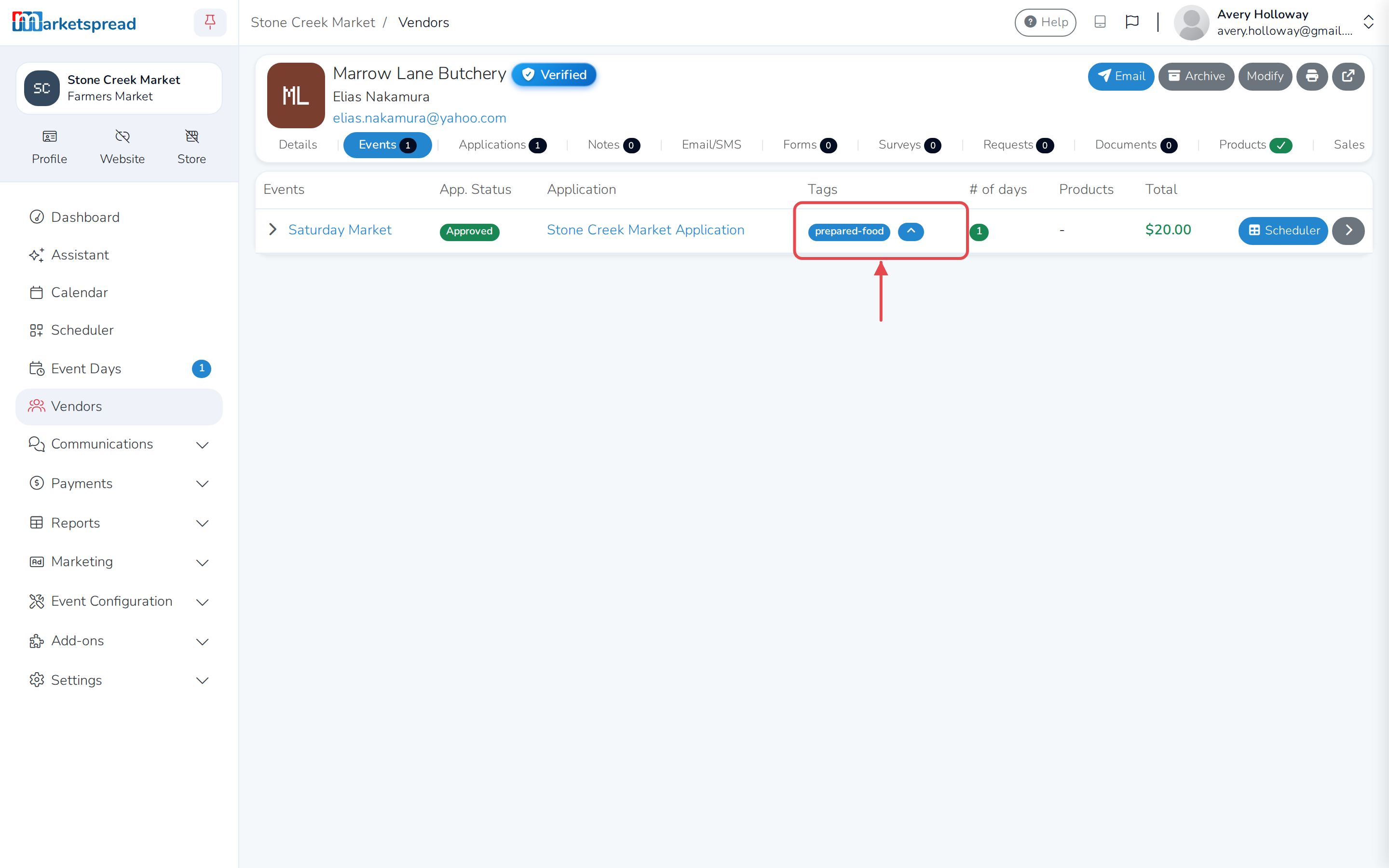 The Events tab, with the prepared-food season tag and its Promote tags control