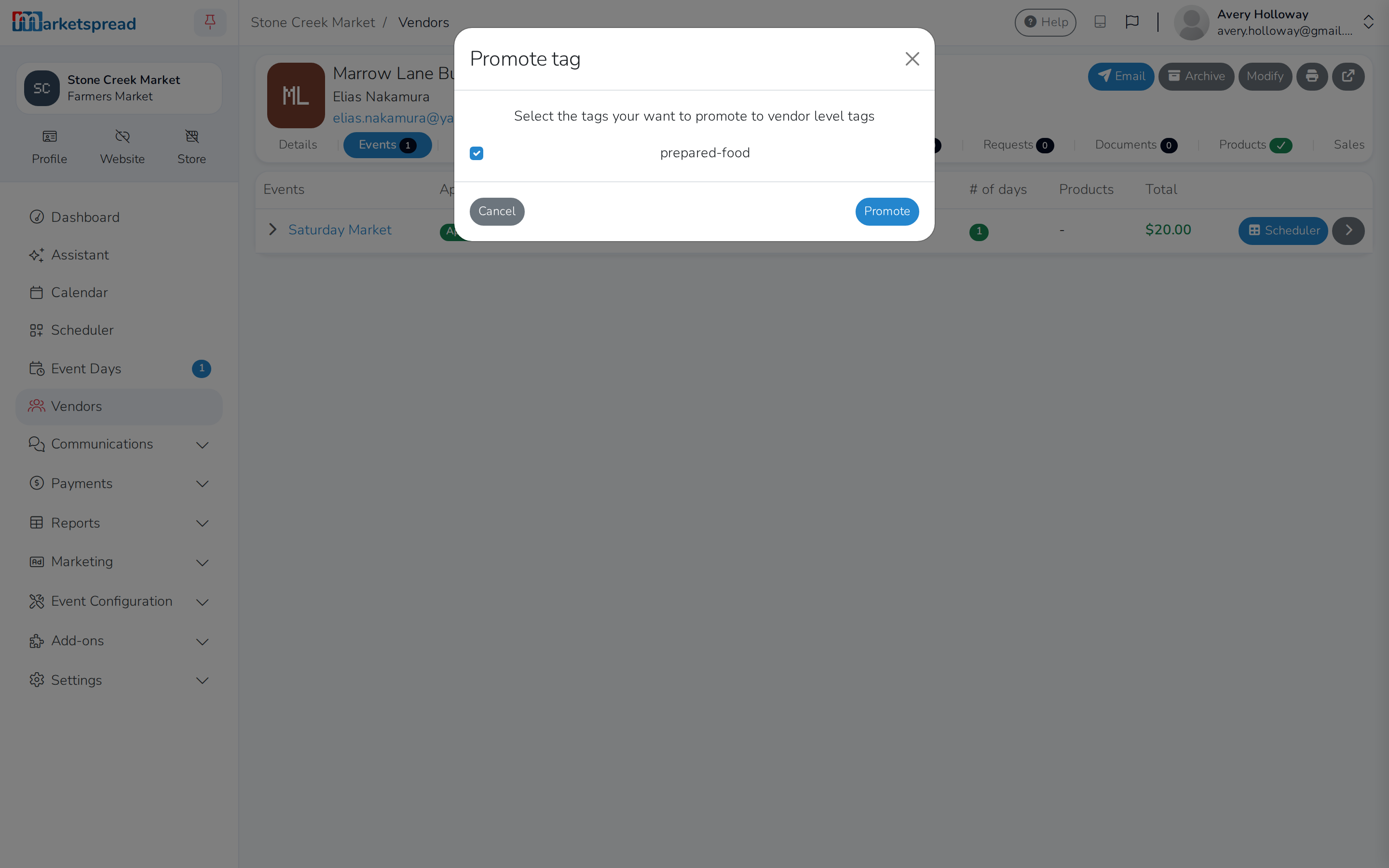 The promote confirmation, with prepared-food checked to promote