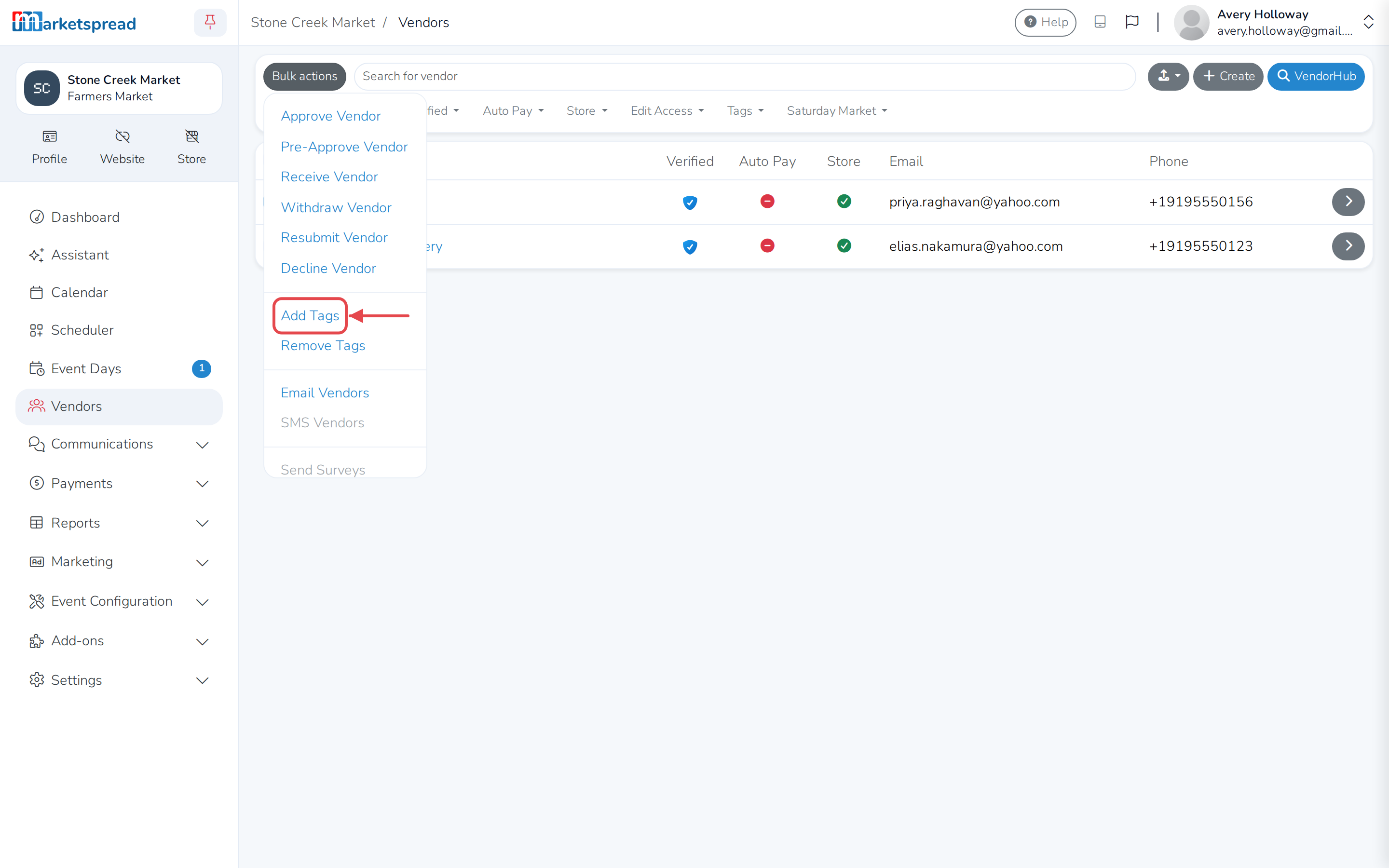 Bulk actions open, with Add Tags for the checked vendor