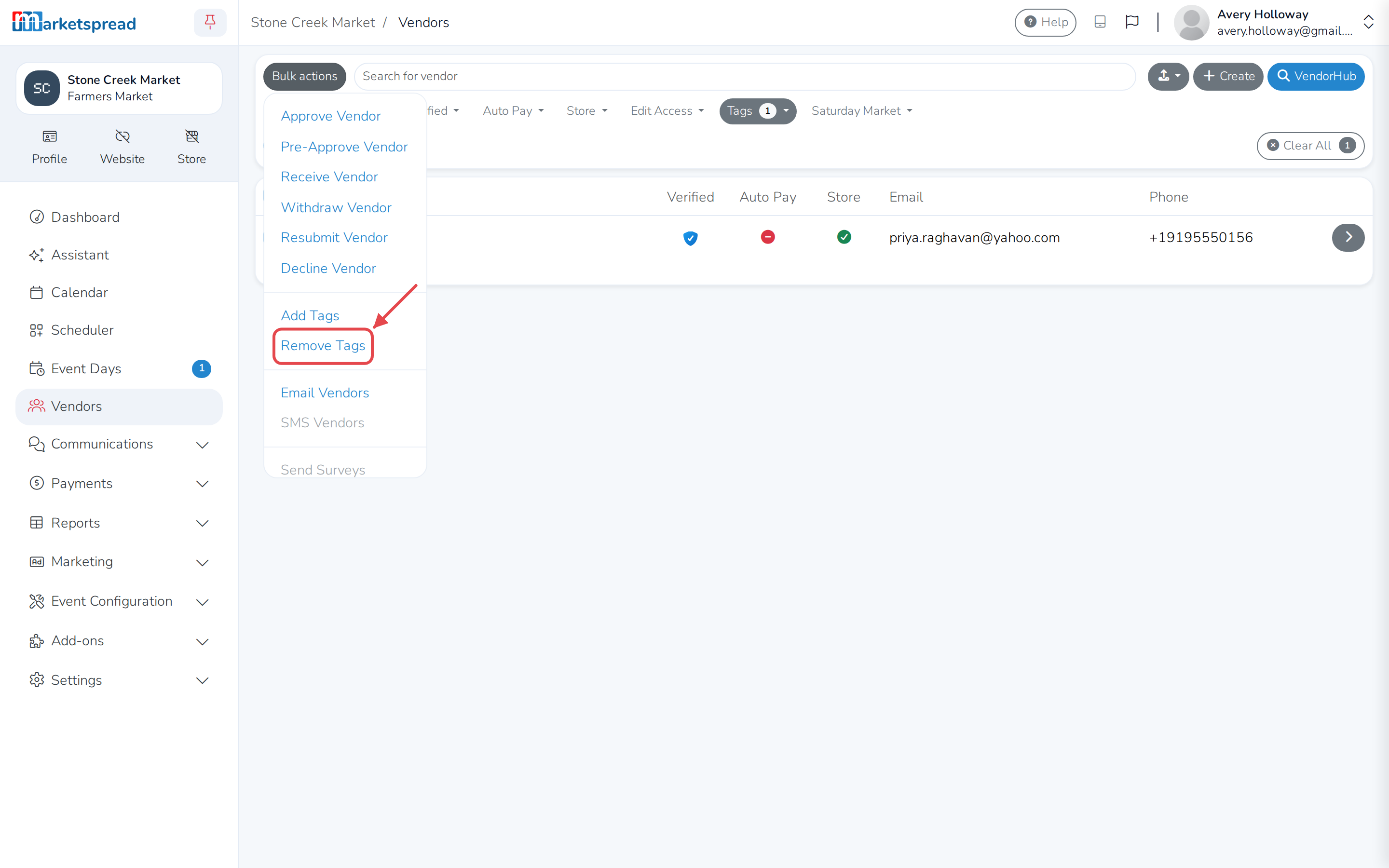 Bulk actions open, with Remove Tags for Foxglove Nursery