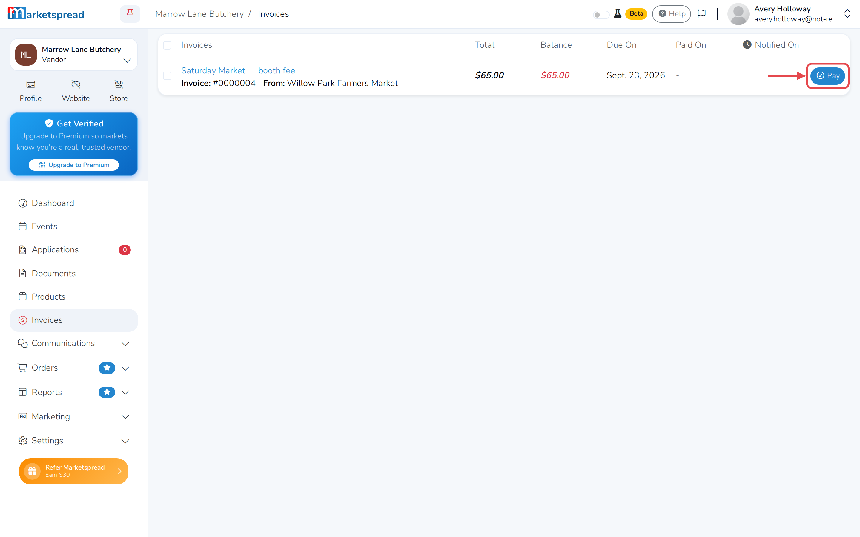 The Invoices list, with Pay on the unpaid invoice