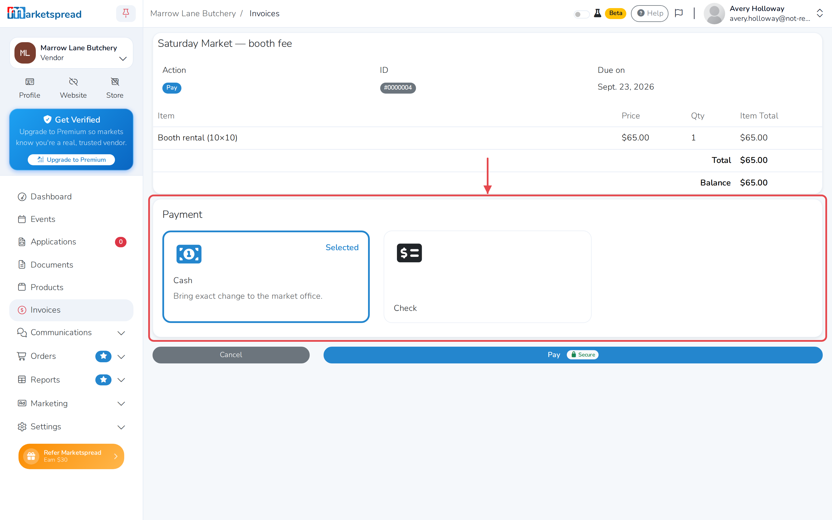 The Payment section, with Cash selected and Check as another option