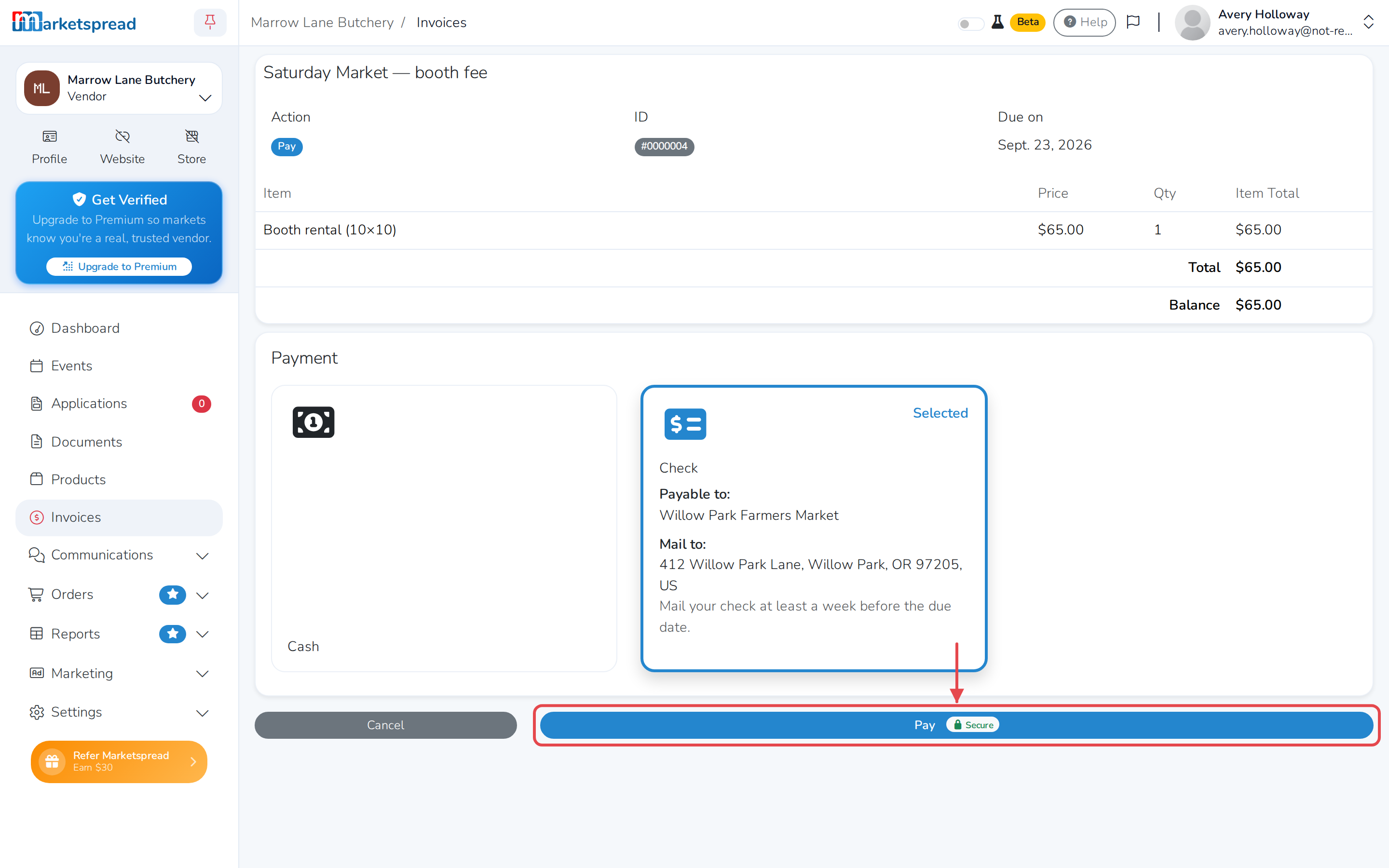 Check selected, with its instructions and the Pay button