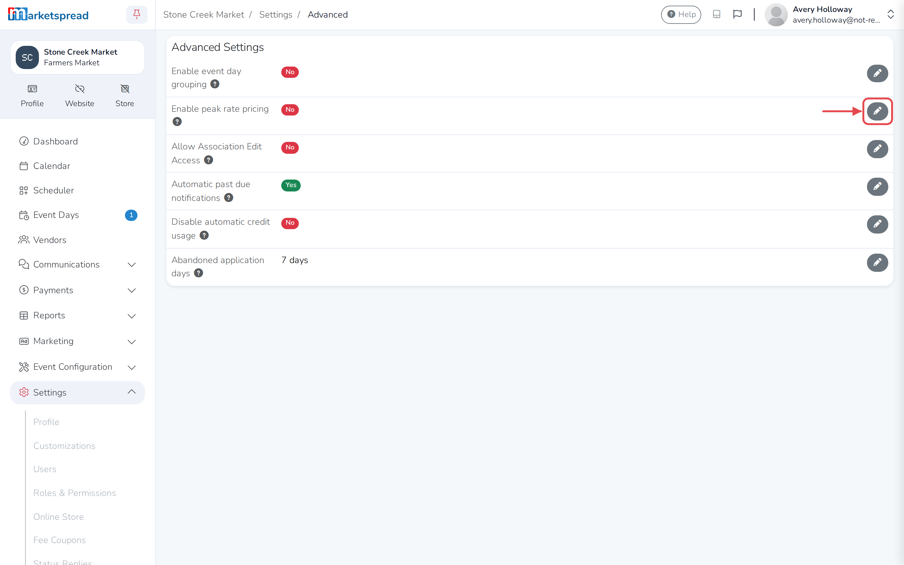 Advanced Settings, with the pencil to edit Enable peak rate pricing