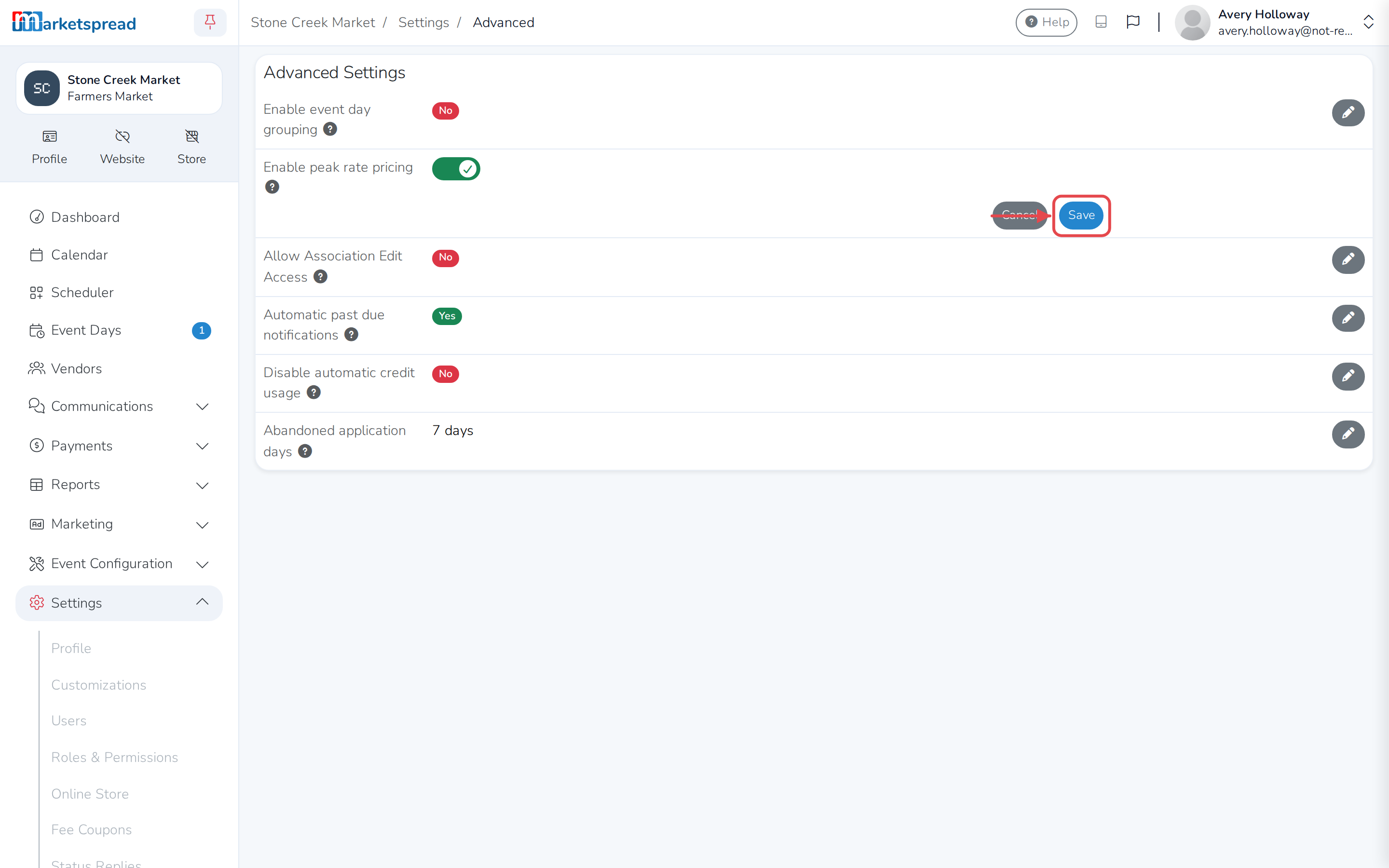 Enable peak rate pricing switched on, ready to save