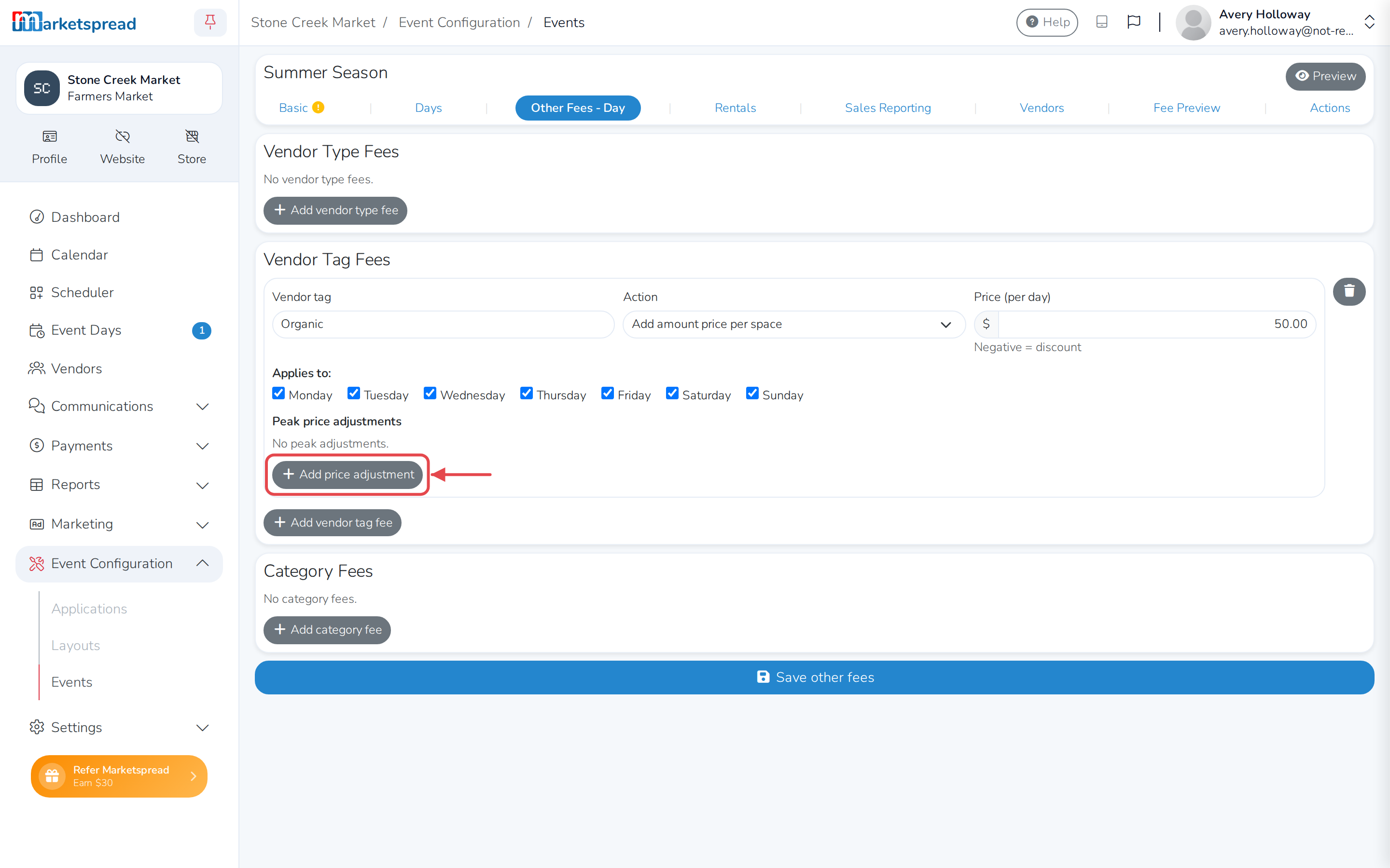 The Organic Vendor Tag fee, with Add price adjustment for its peak window