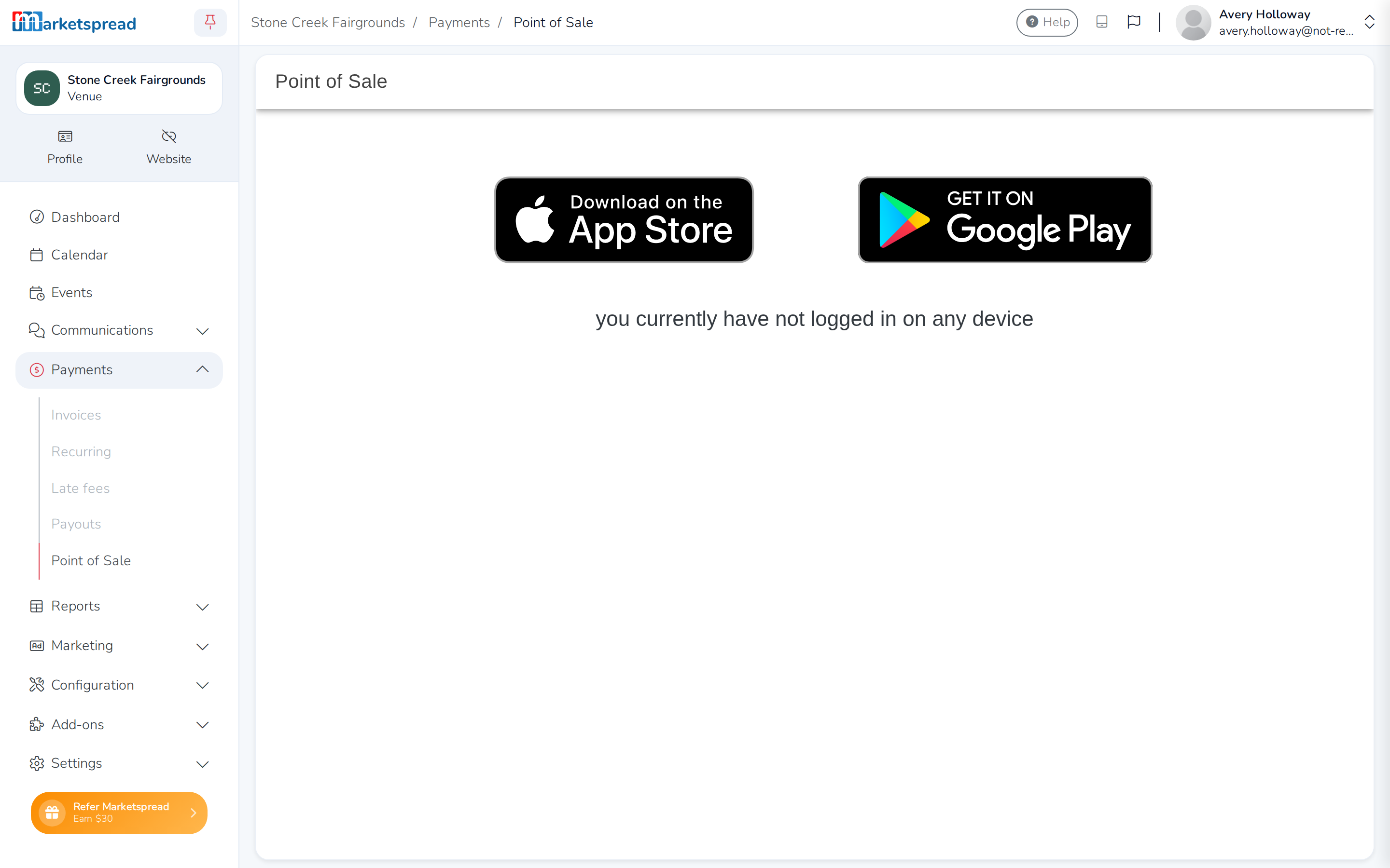The Point of Sale screen, with the App Store and Google Play badges to download the app