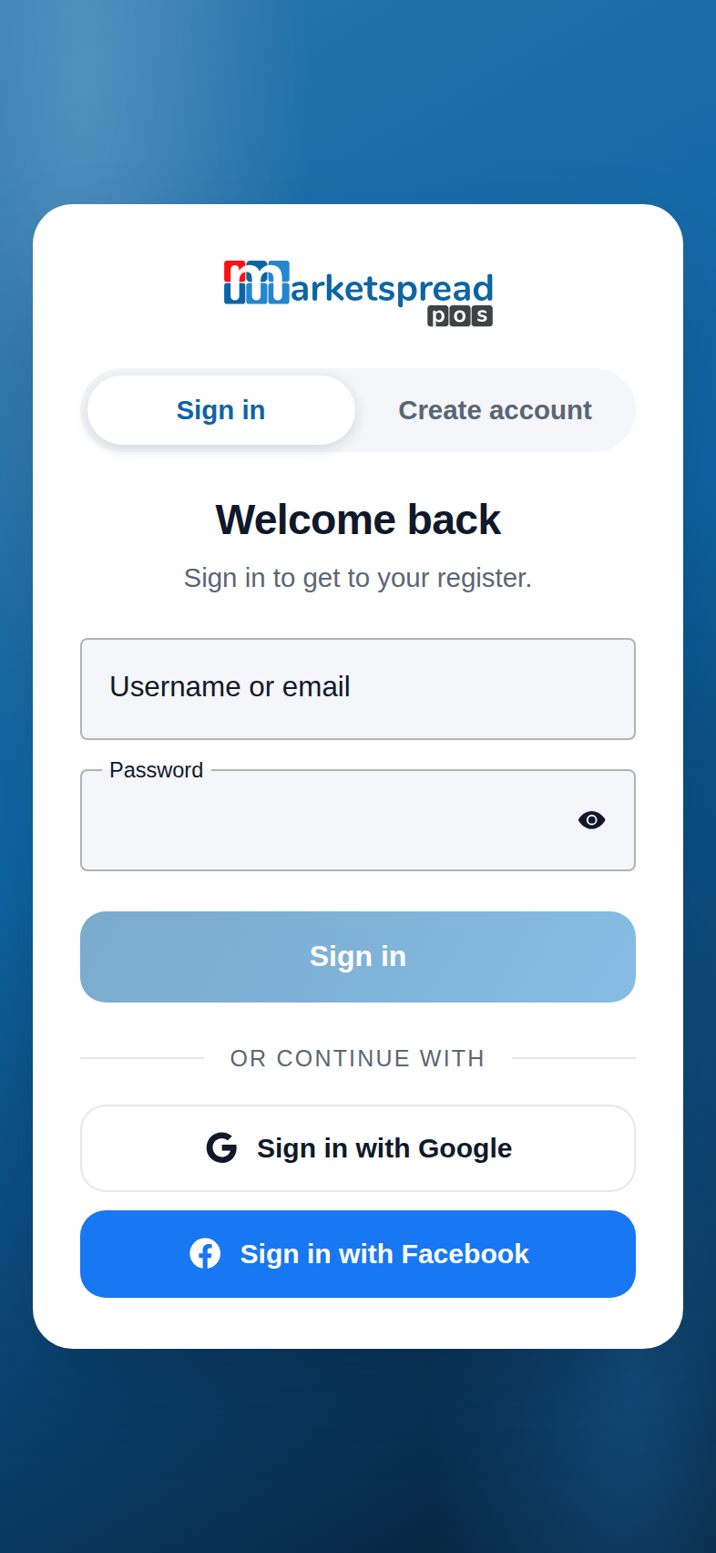 The Point of Sale app's sign-in screen, where you sign in with your venue's login
