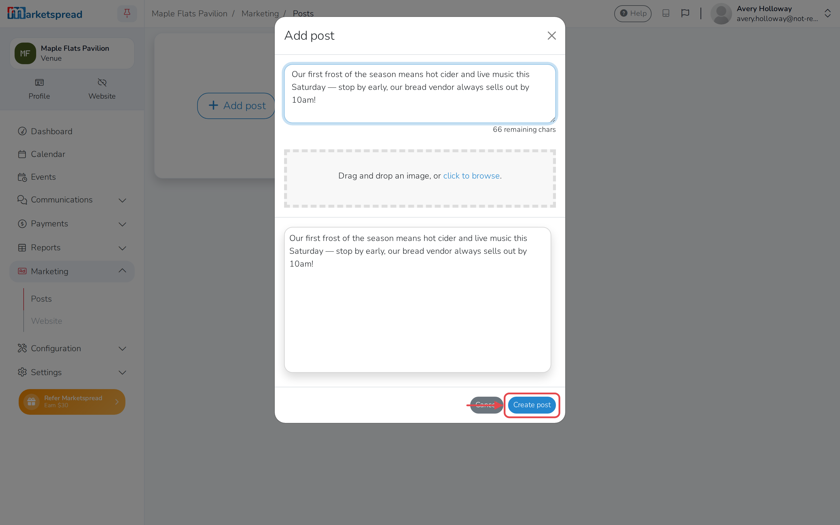 The Add post form, filled in and ready to create