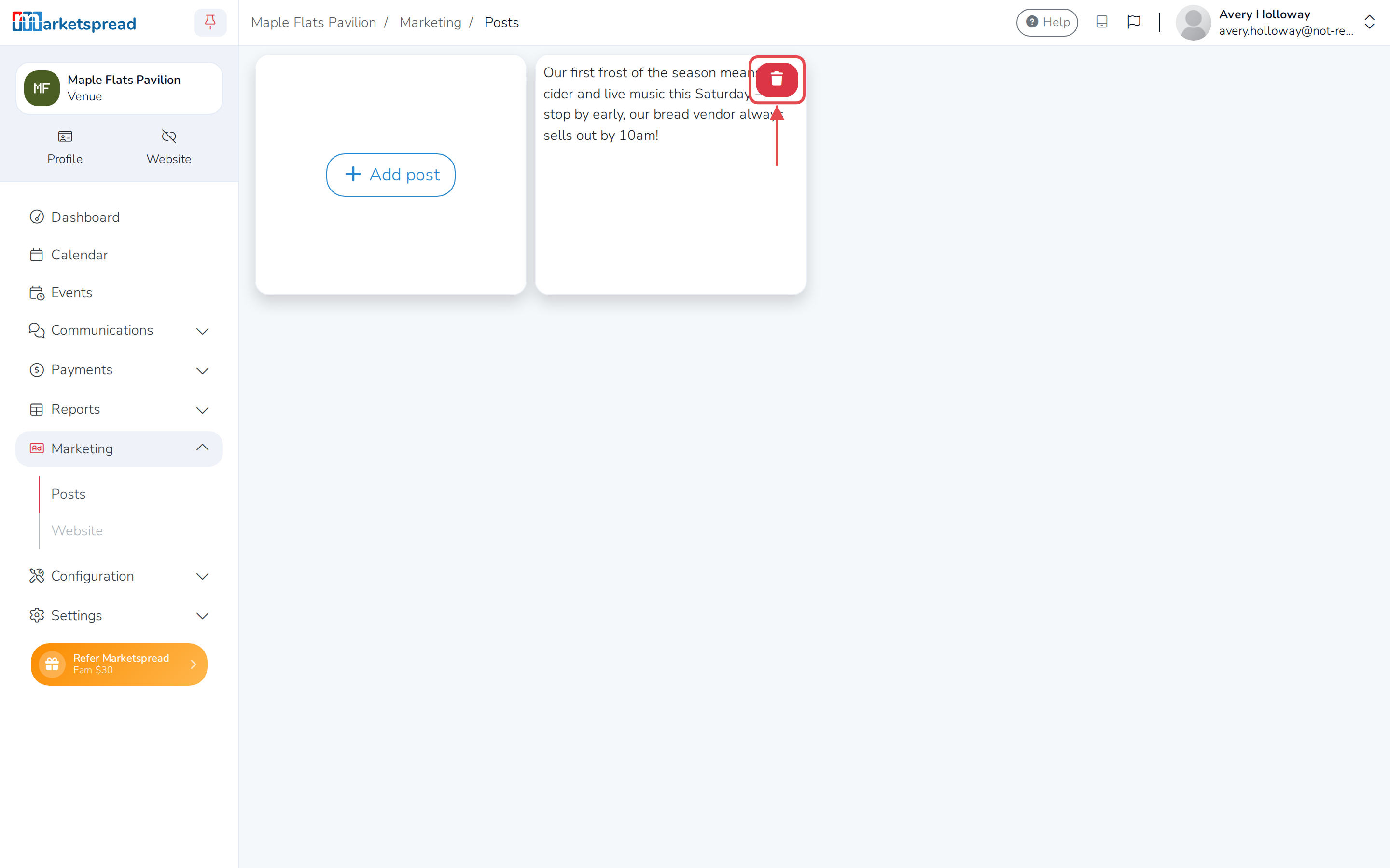 The new post, with the trash icon shown on hover