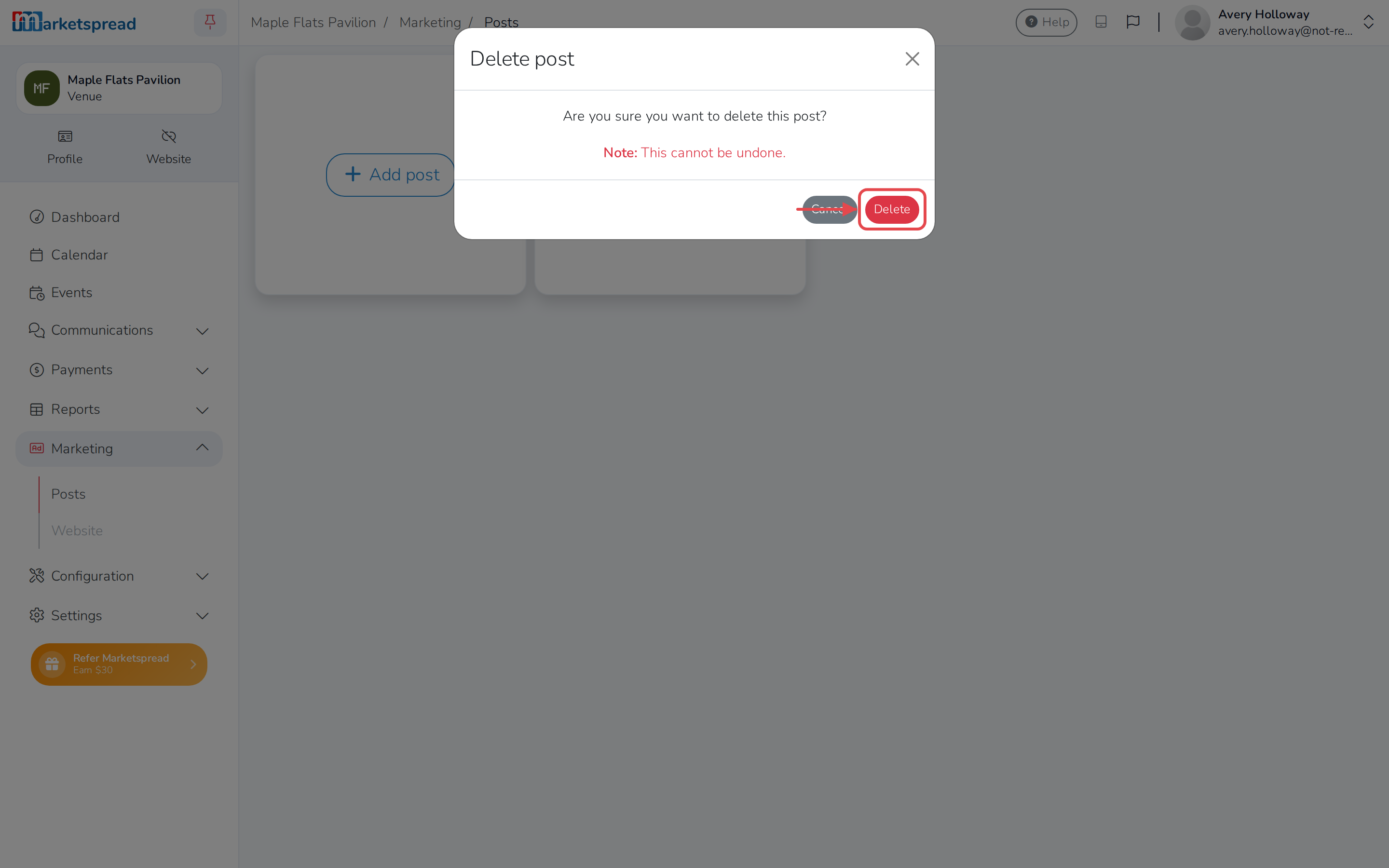 The delete confirmation, with the Delete button