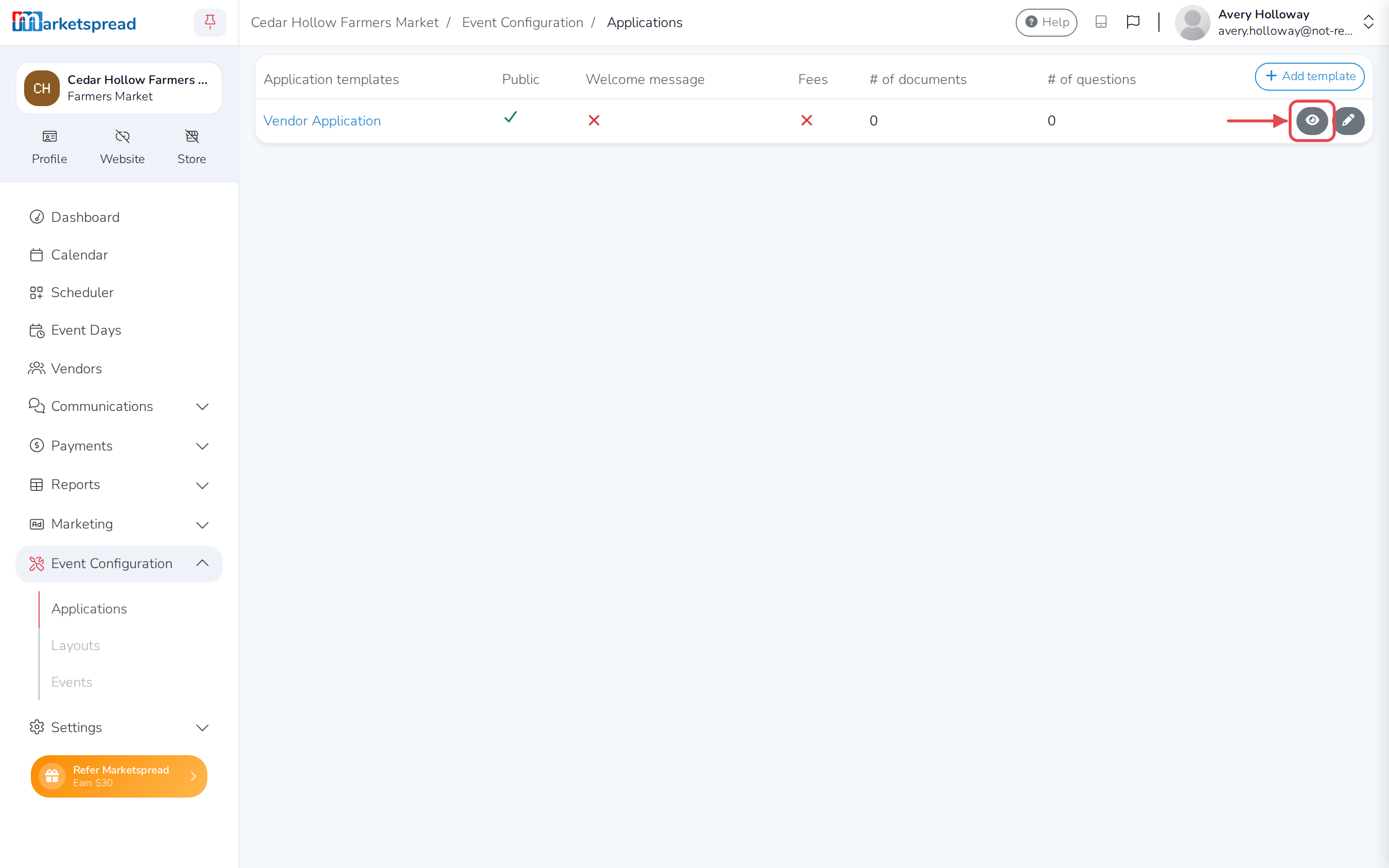 The Applications list, with the eye icon next to the template