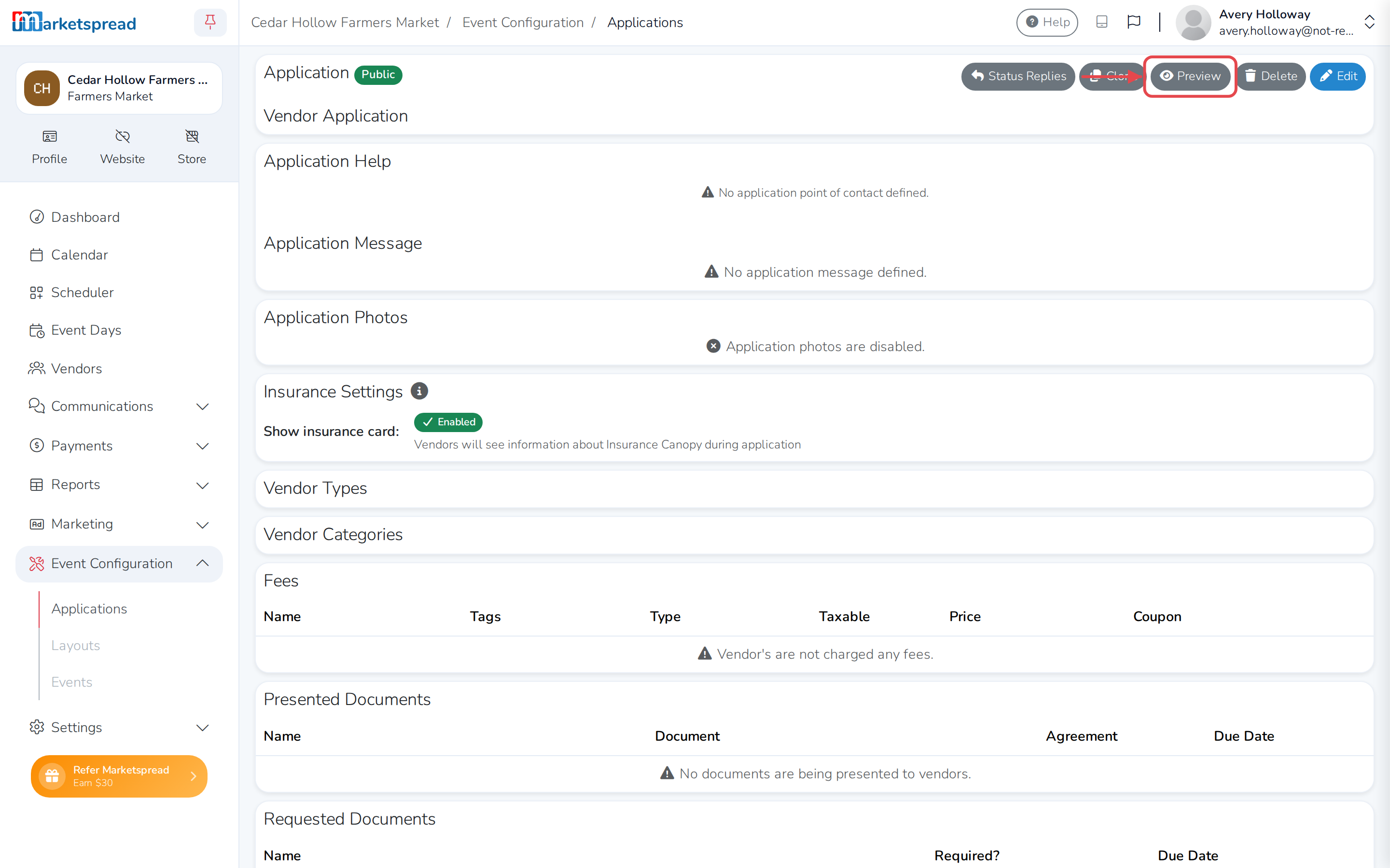The application's page, with the Preview button