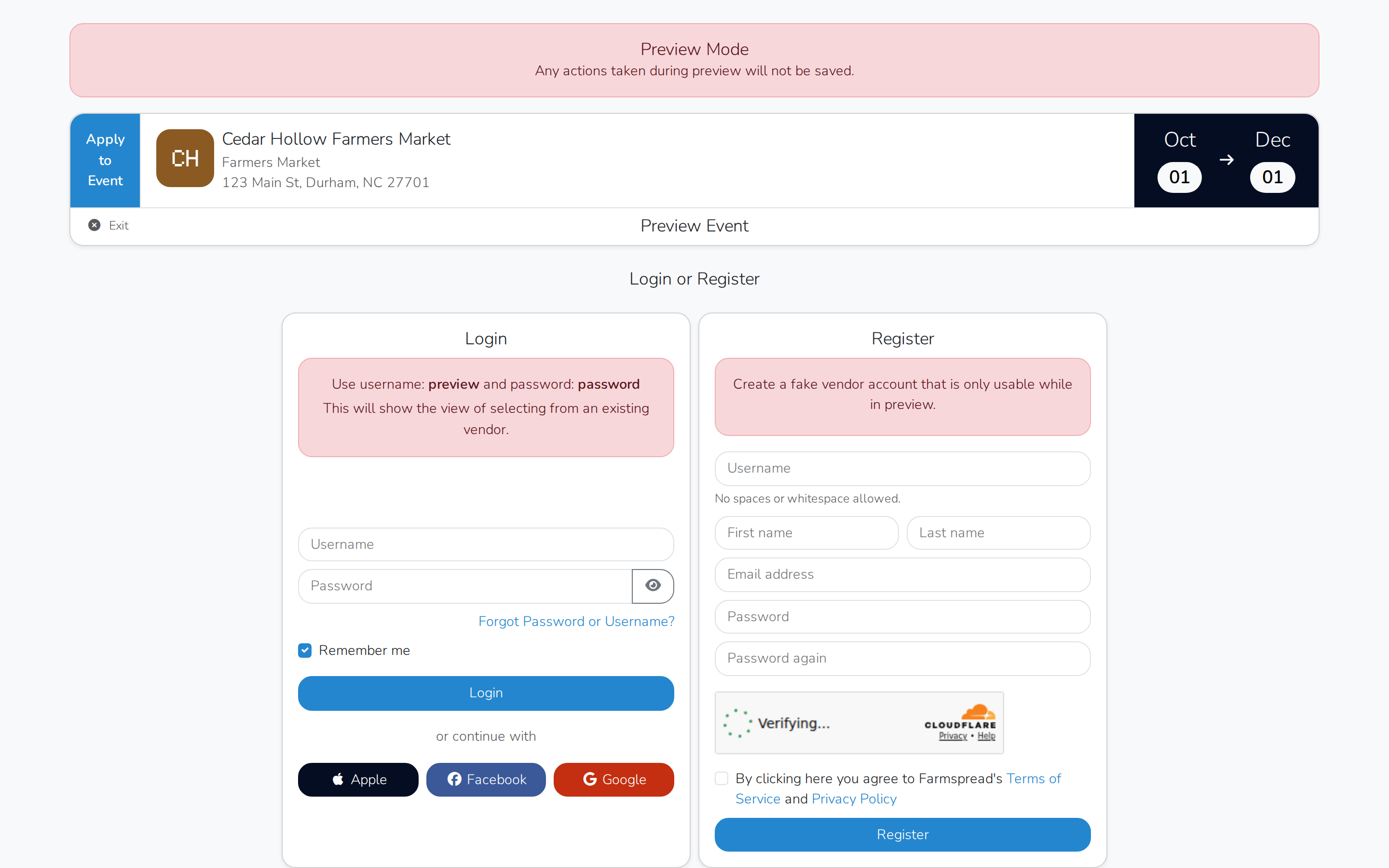 The preview login screen, with the username and password to use