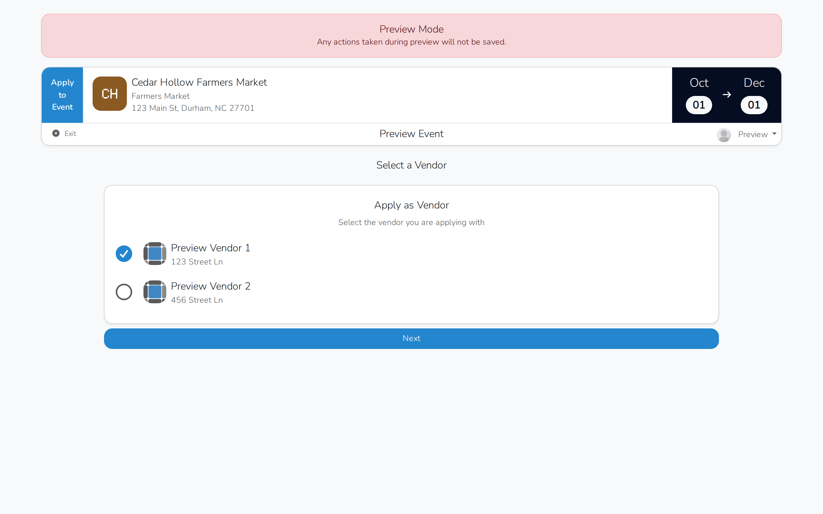 The two preview vendors shown after logging in to preview