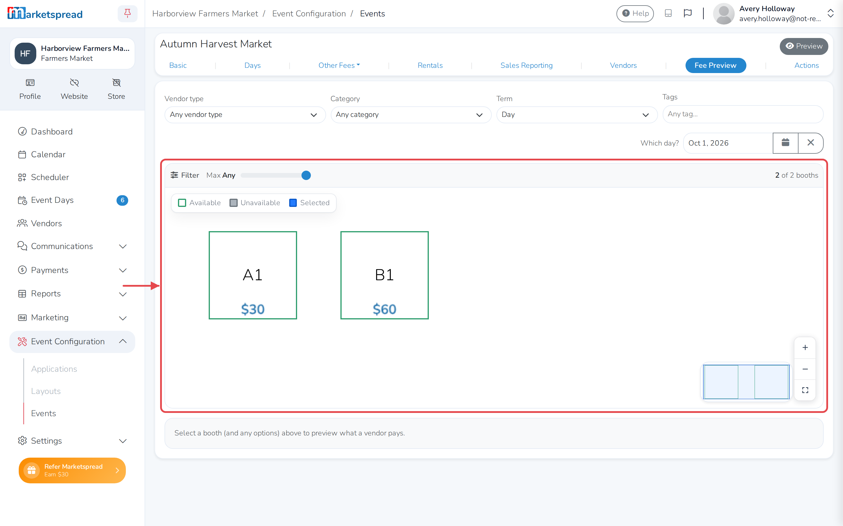 The Fee Preview tab, with each booth's price already shown on its tile