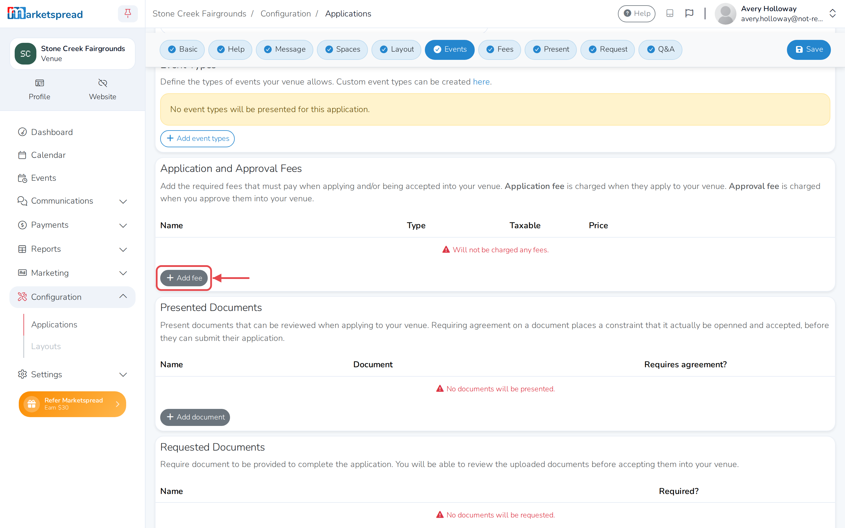 The Application and Approval Fees section, with Add fee