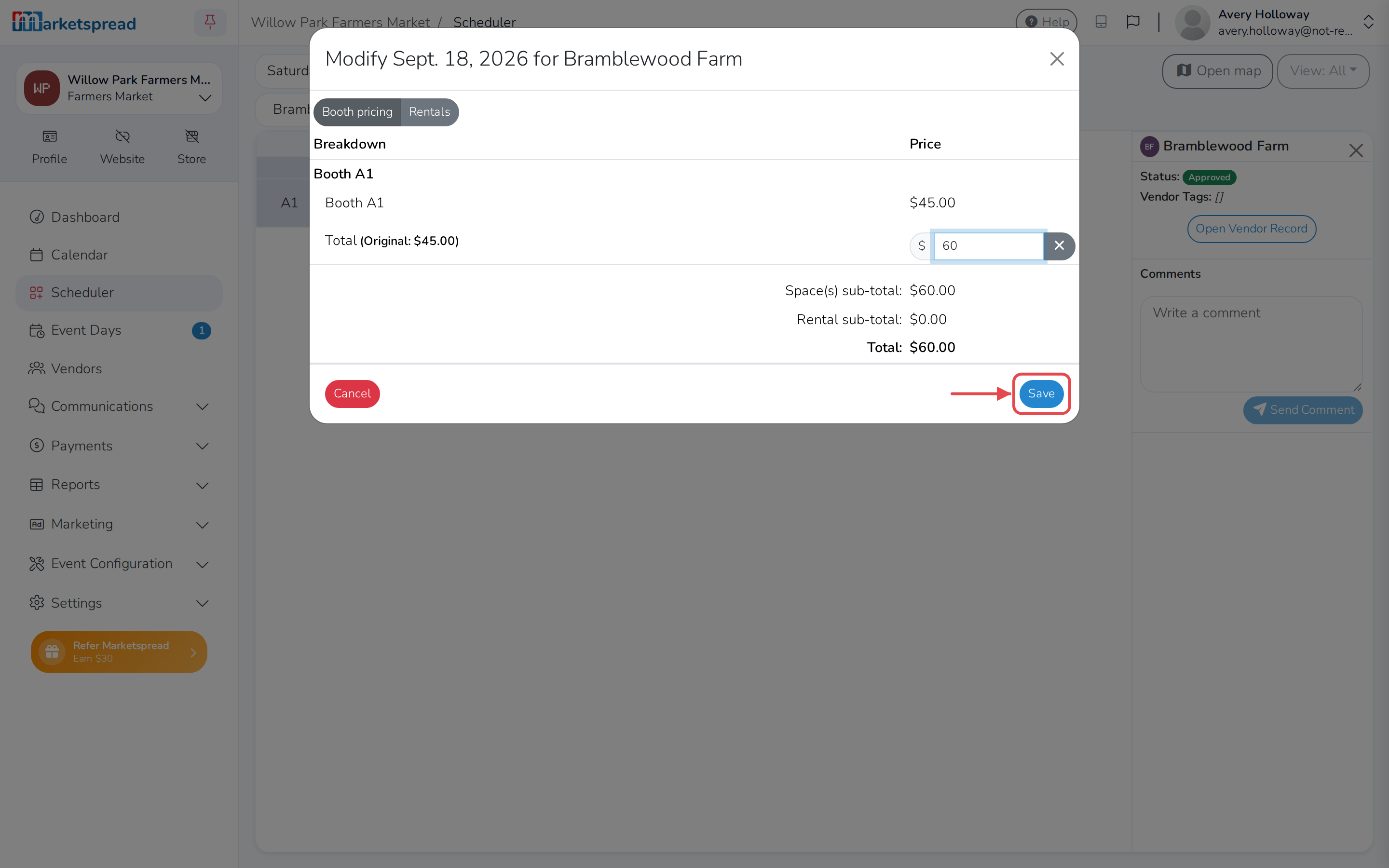 The override price typed into the total field, with Save highlighted