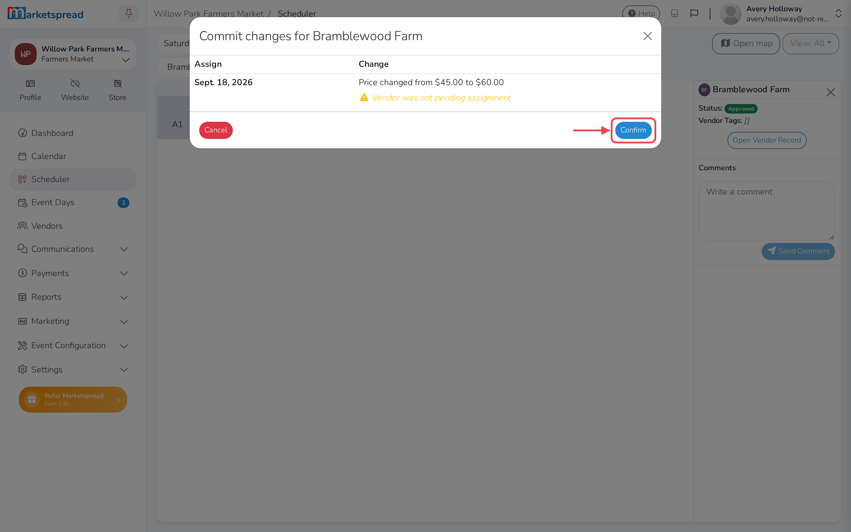 The commit dialog, showing the price change from $45.00 to $60.00, with Confirm highlighted