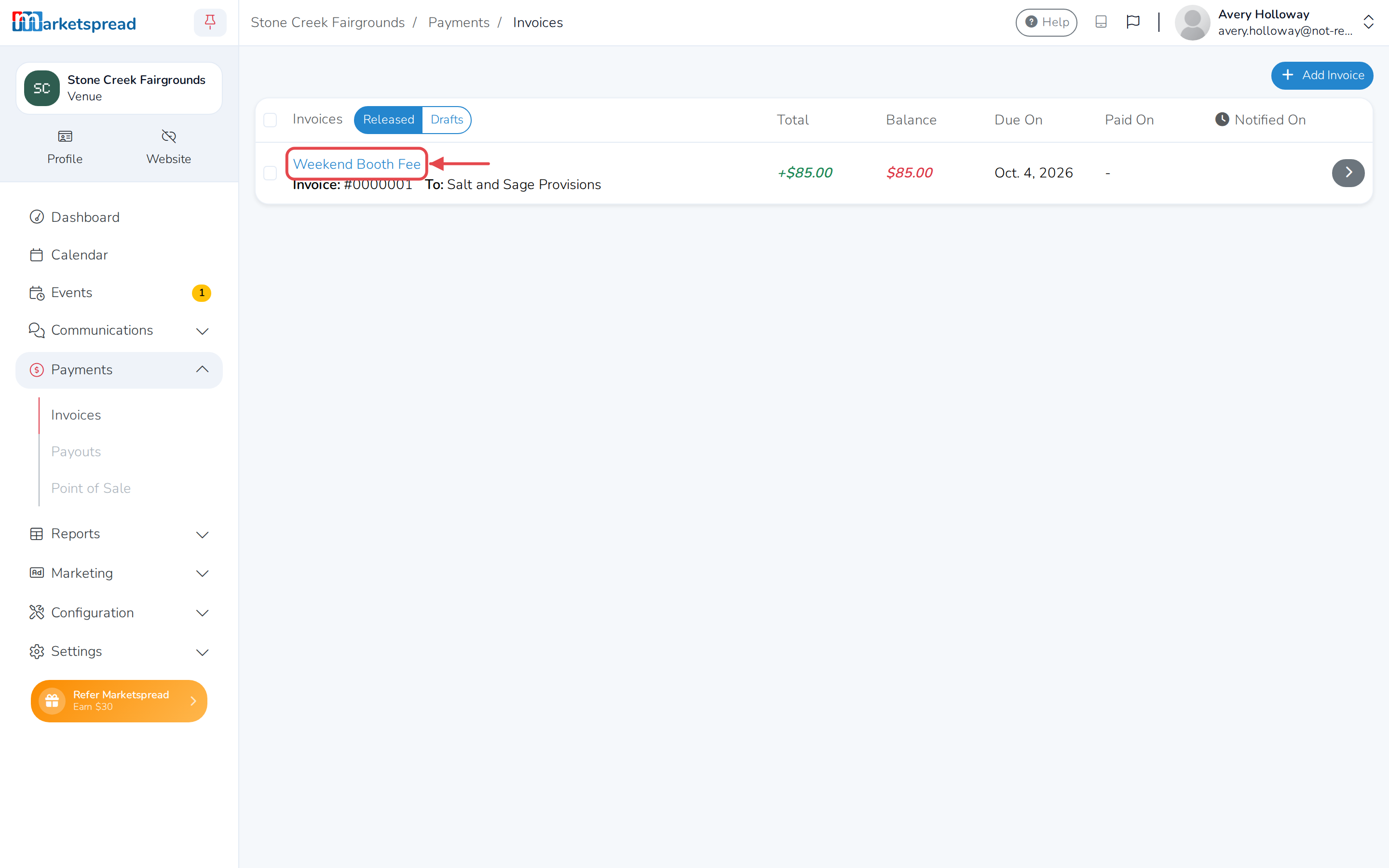 The Invoices list under Payments, with the new invoice