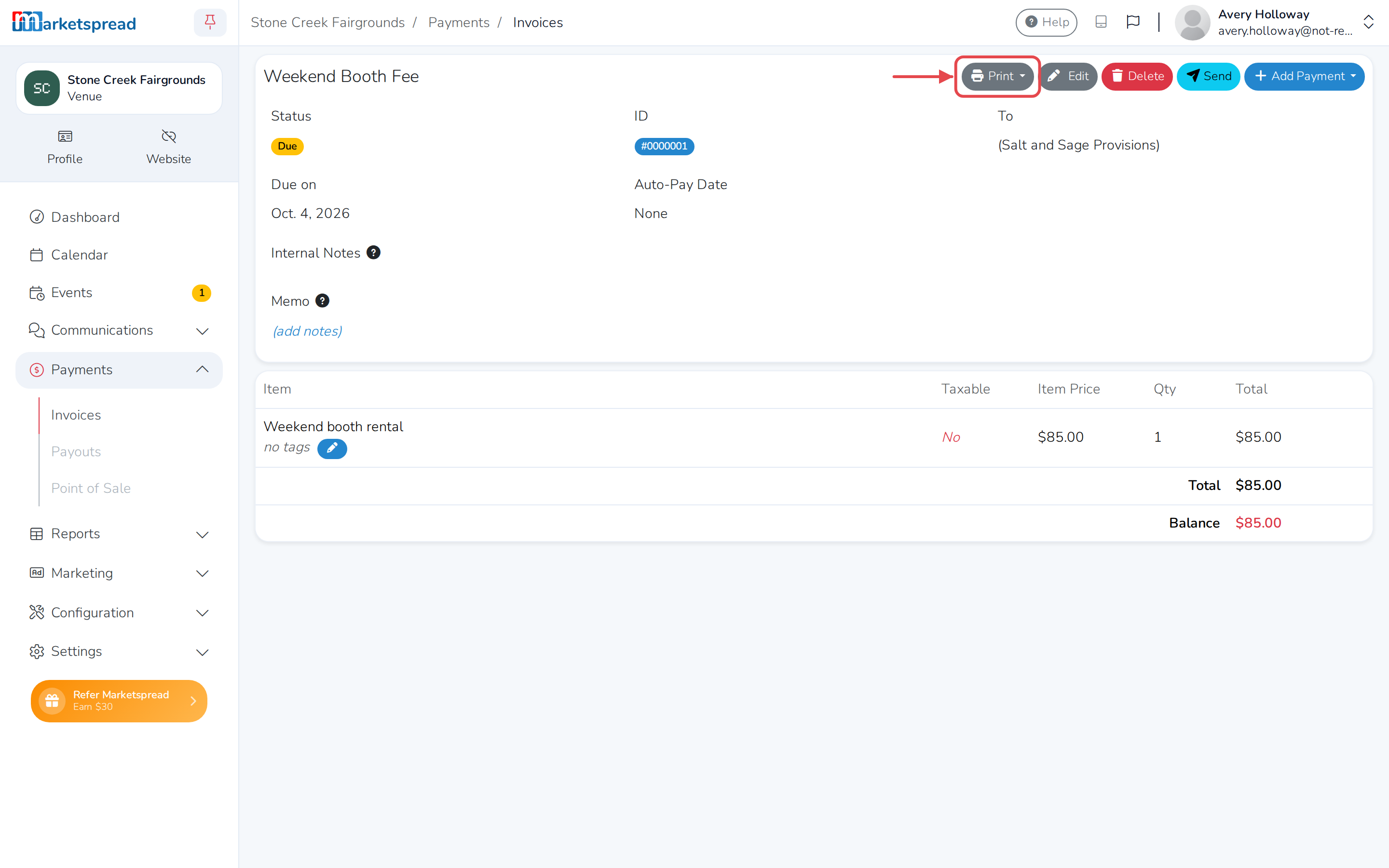 The invoice, with its Print button