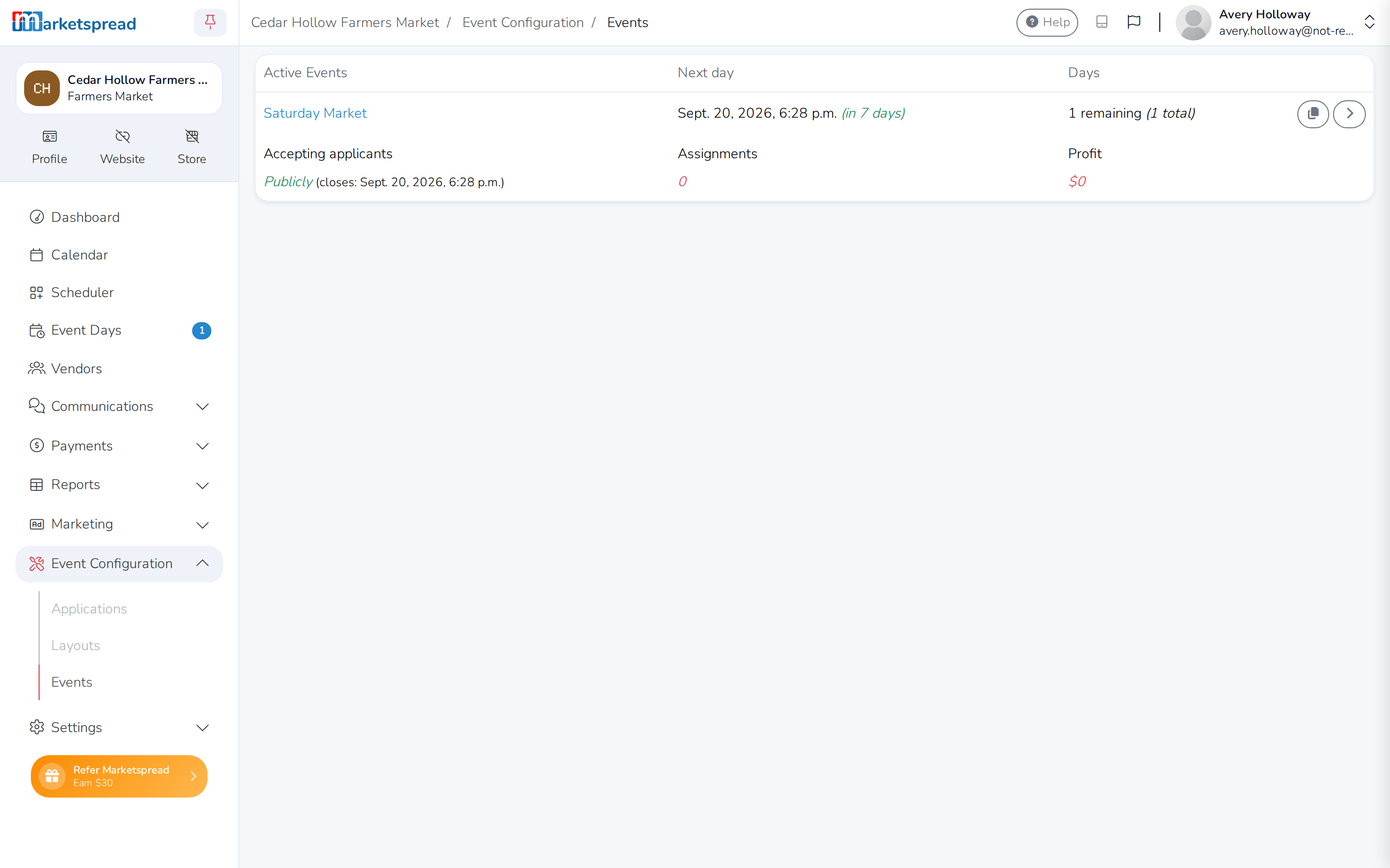The Events list, with the new event under Active Events