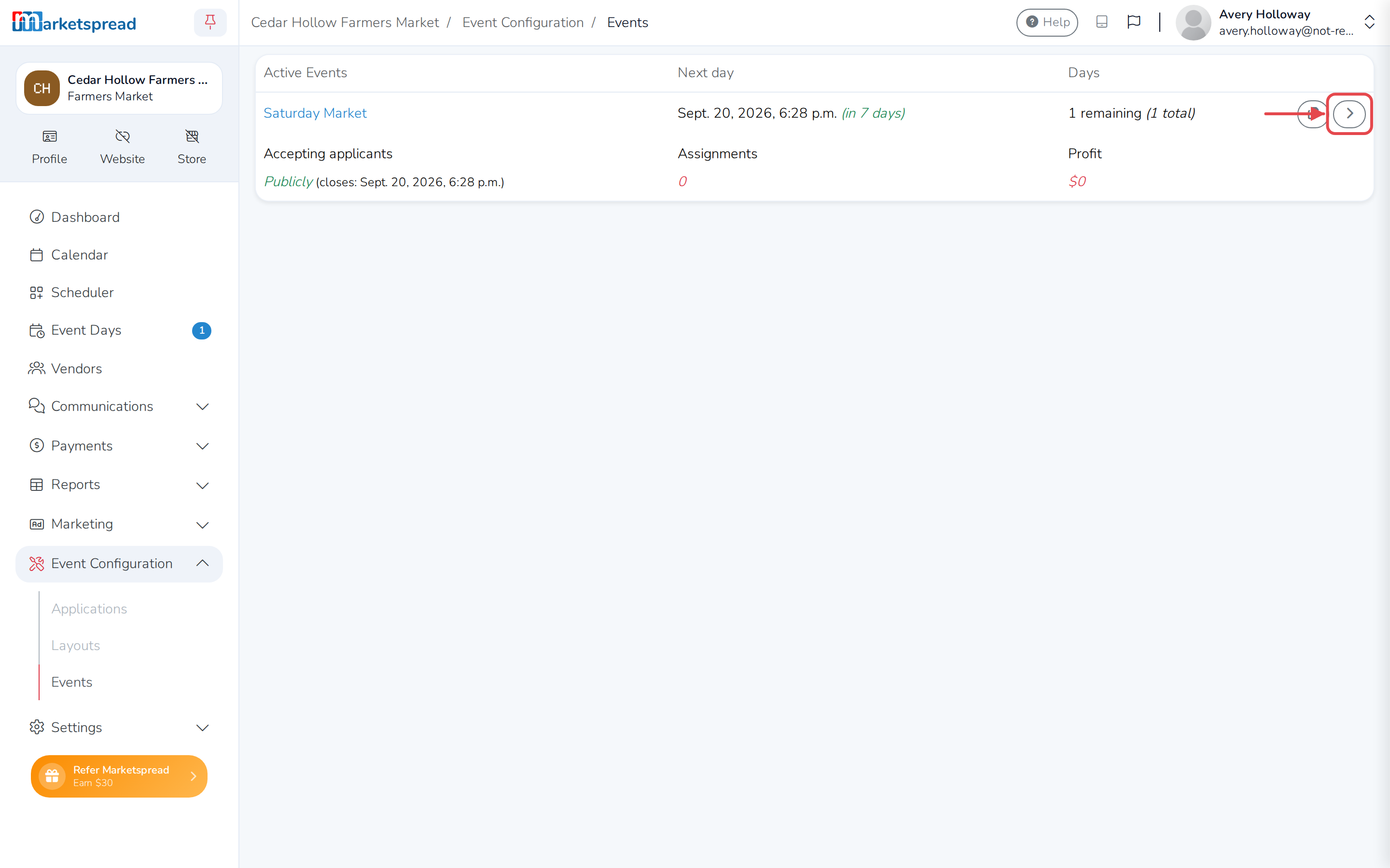 The event in the Events list, with its grey Overview arrow