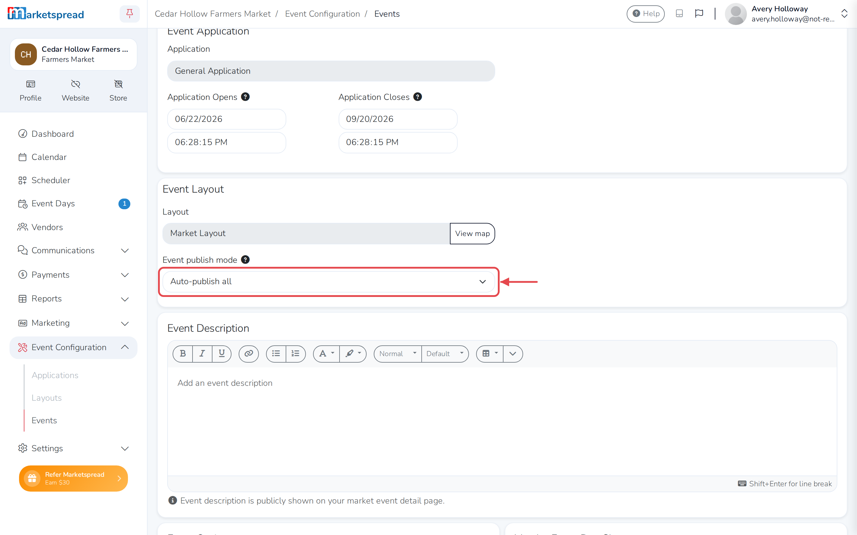The Event publish mode section, with its three options