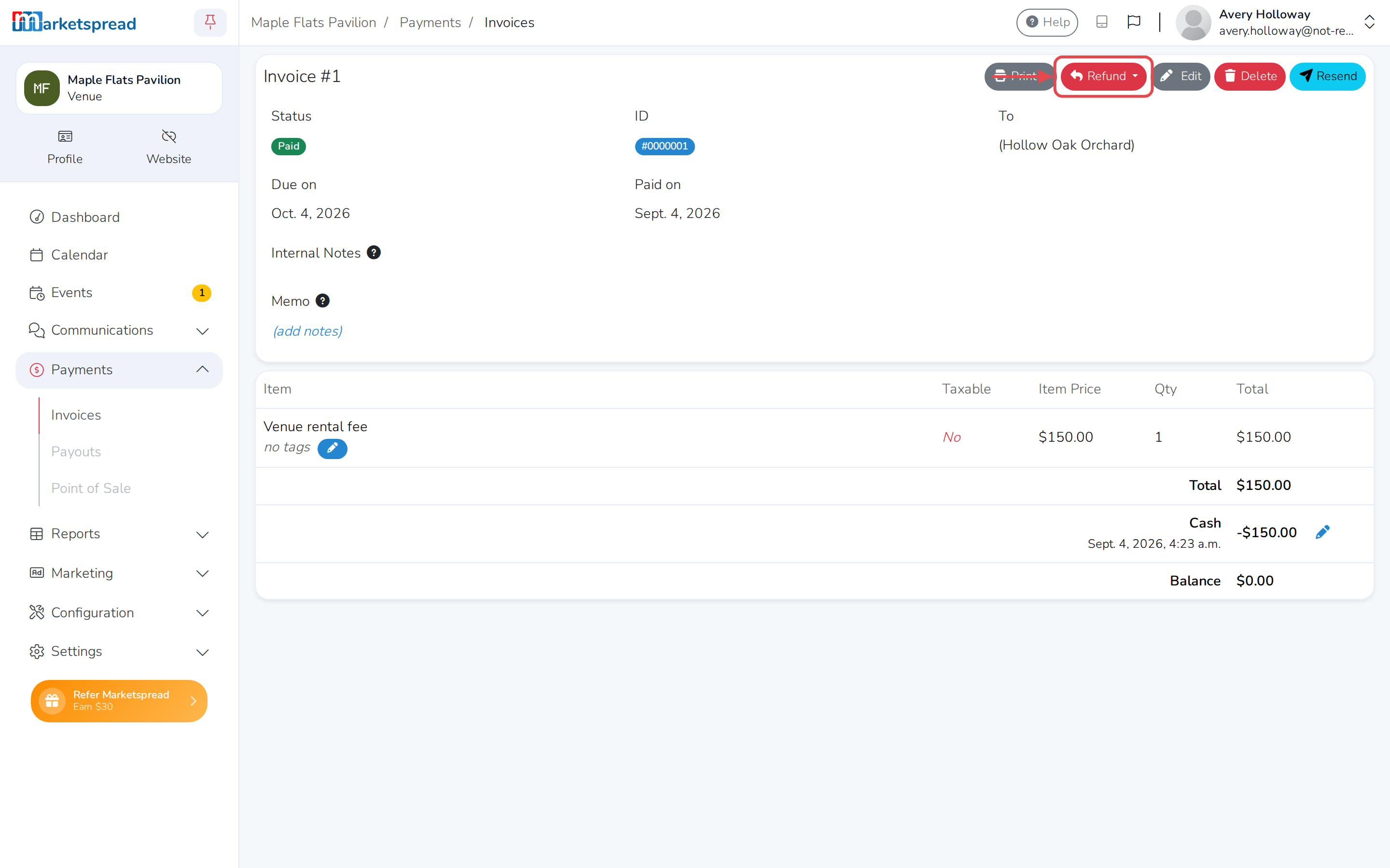 The paid invoice, with its Refund button