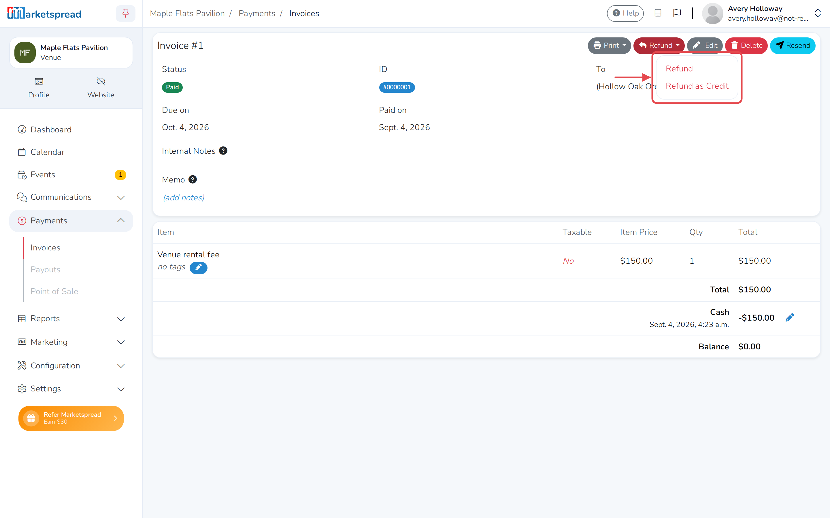 The Refund menu, with Refund and Refund as Credit