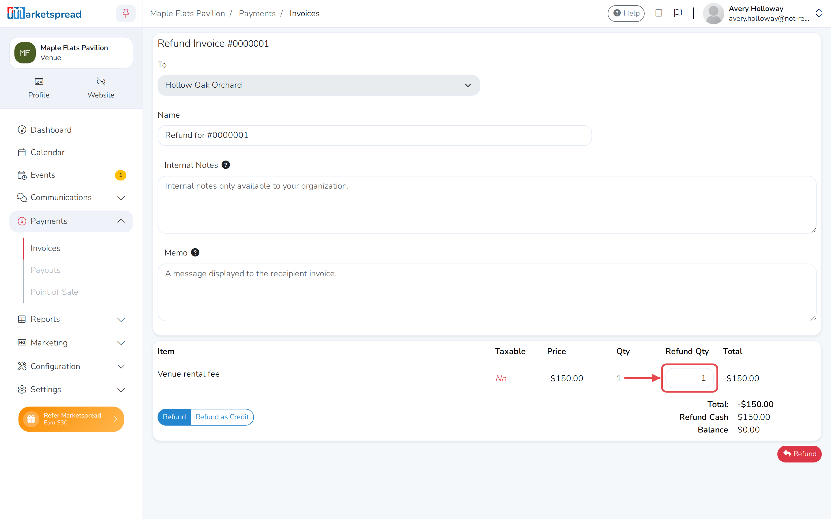 The refund form, with the item's Refund Qty field