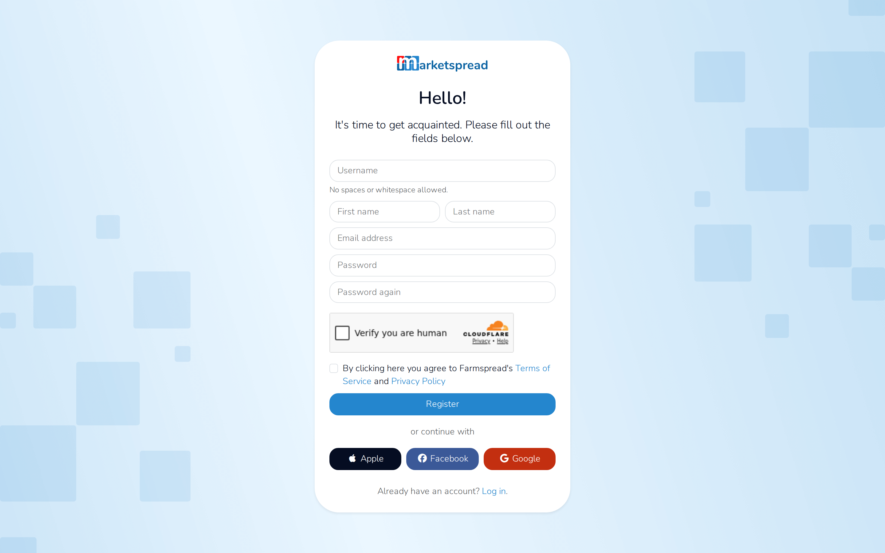 The registration page, with the sign-up form and Apple, Facebook and Google below it