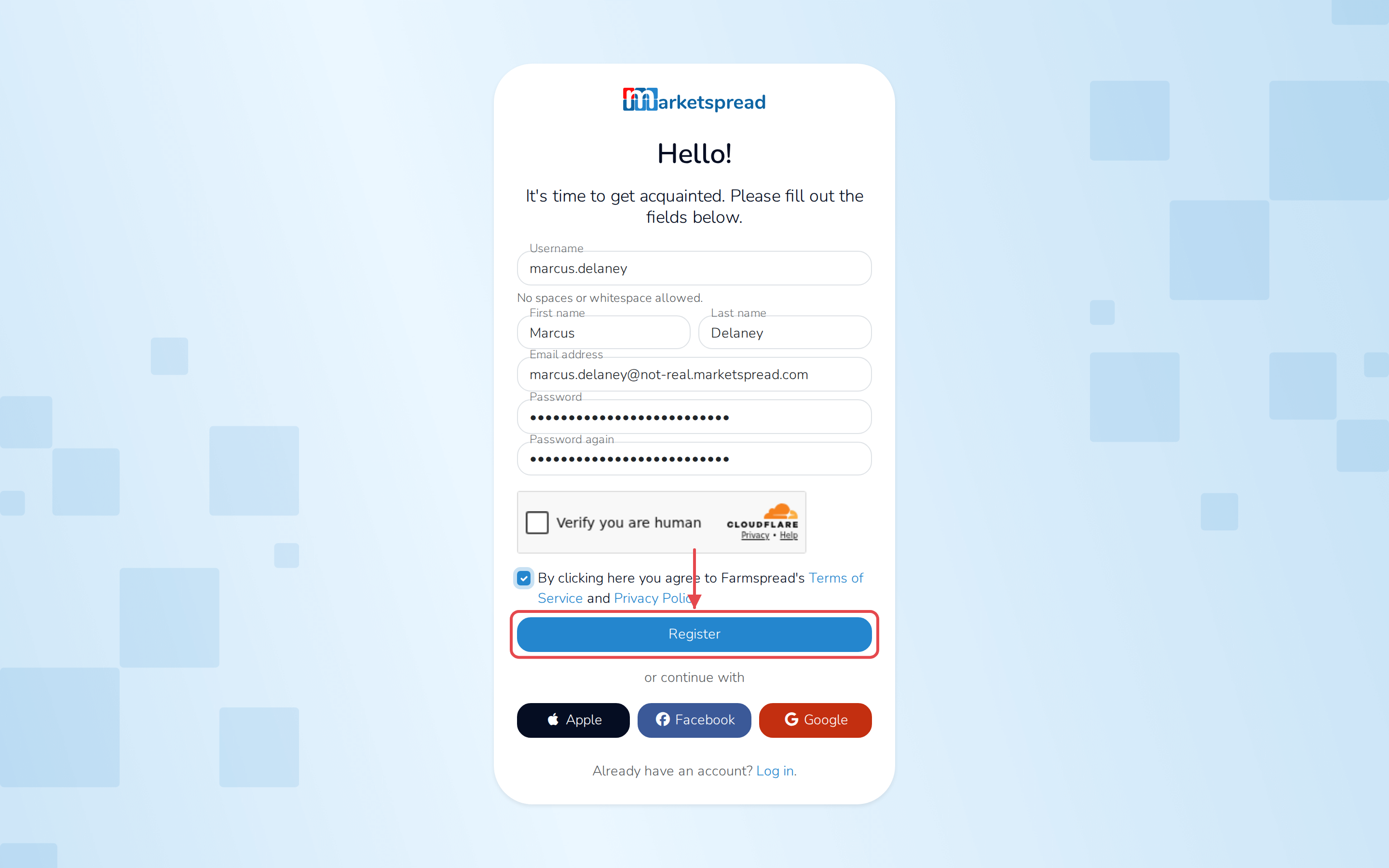 The registration form filled in, ready to click Register