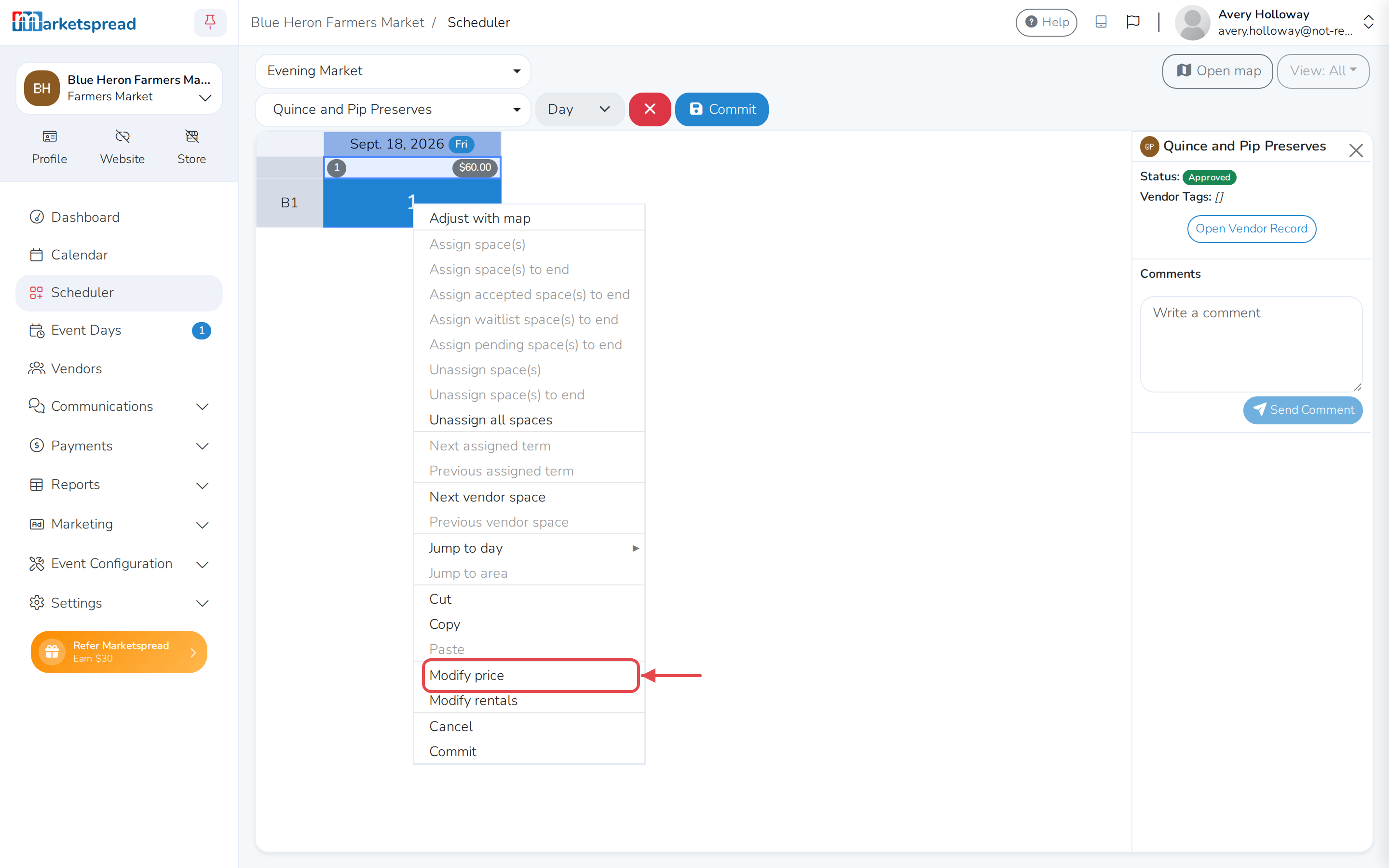 Right-clicking the vendor's day cell, with Modify price in the menu