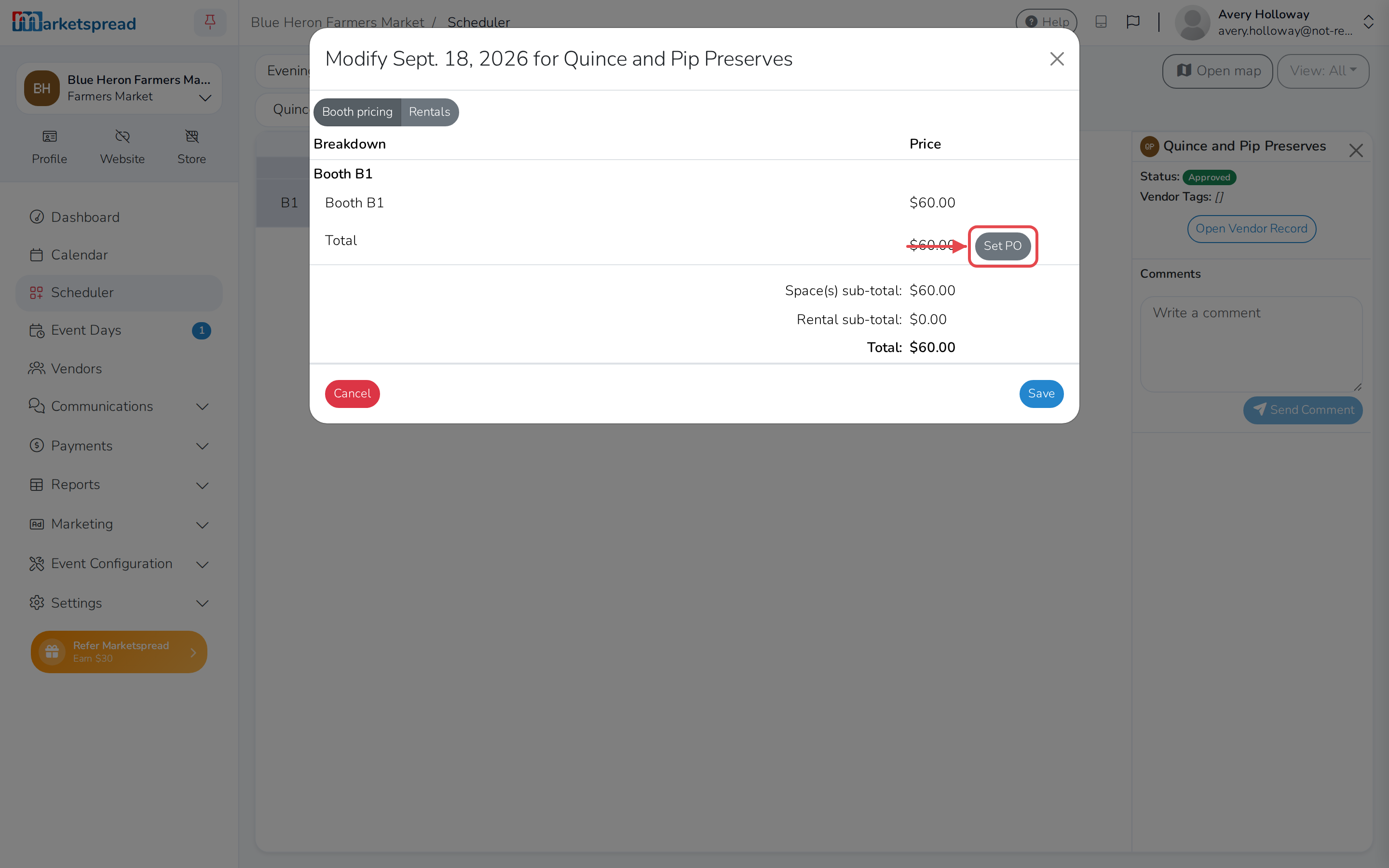 The Booth pricing tab, with Set PO next to the booth's total